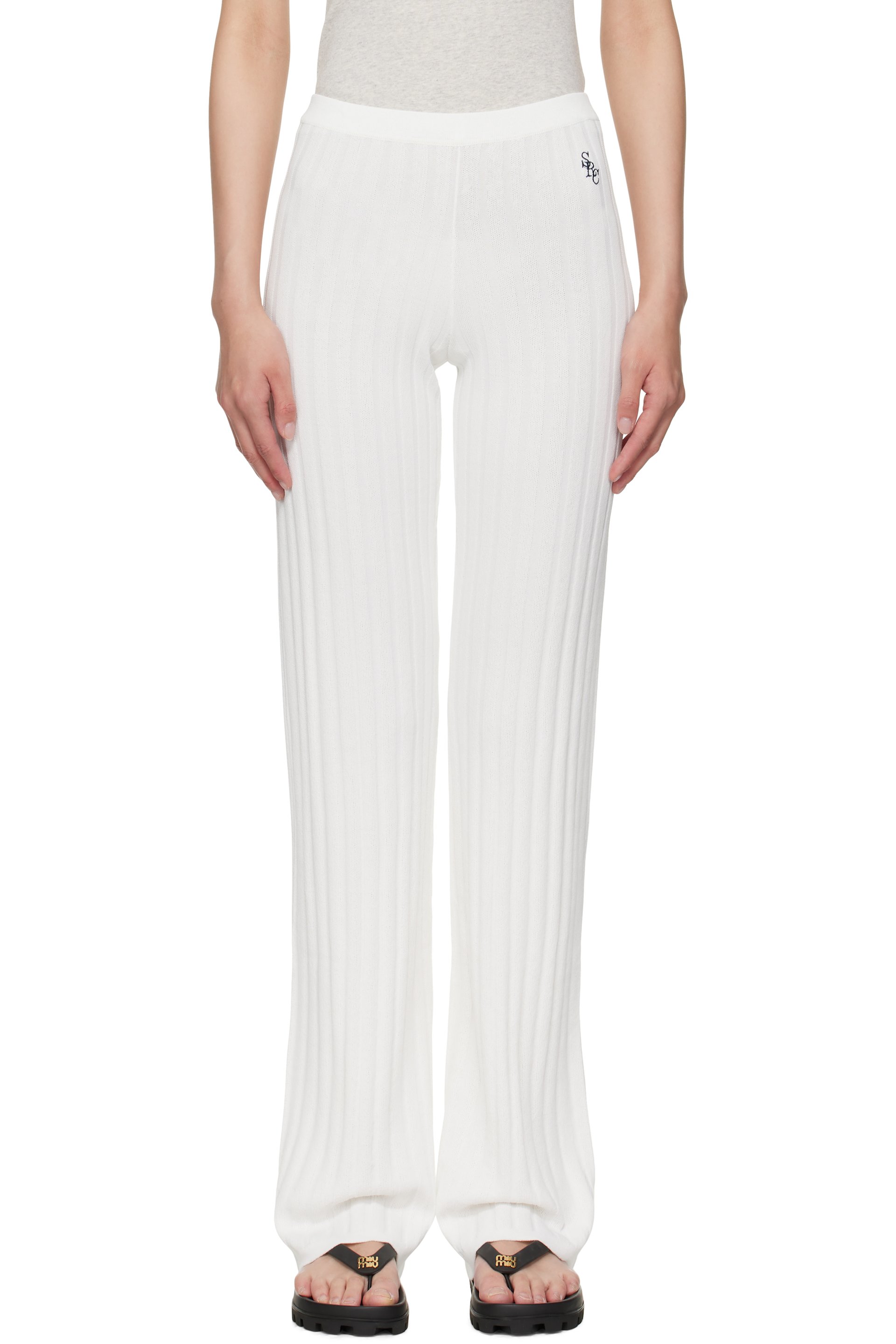 Sporty & Rich - Pantalon de détente en tricot côtelé blanc cassé à logo SRC