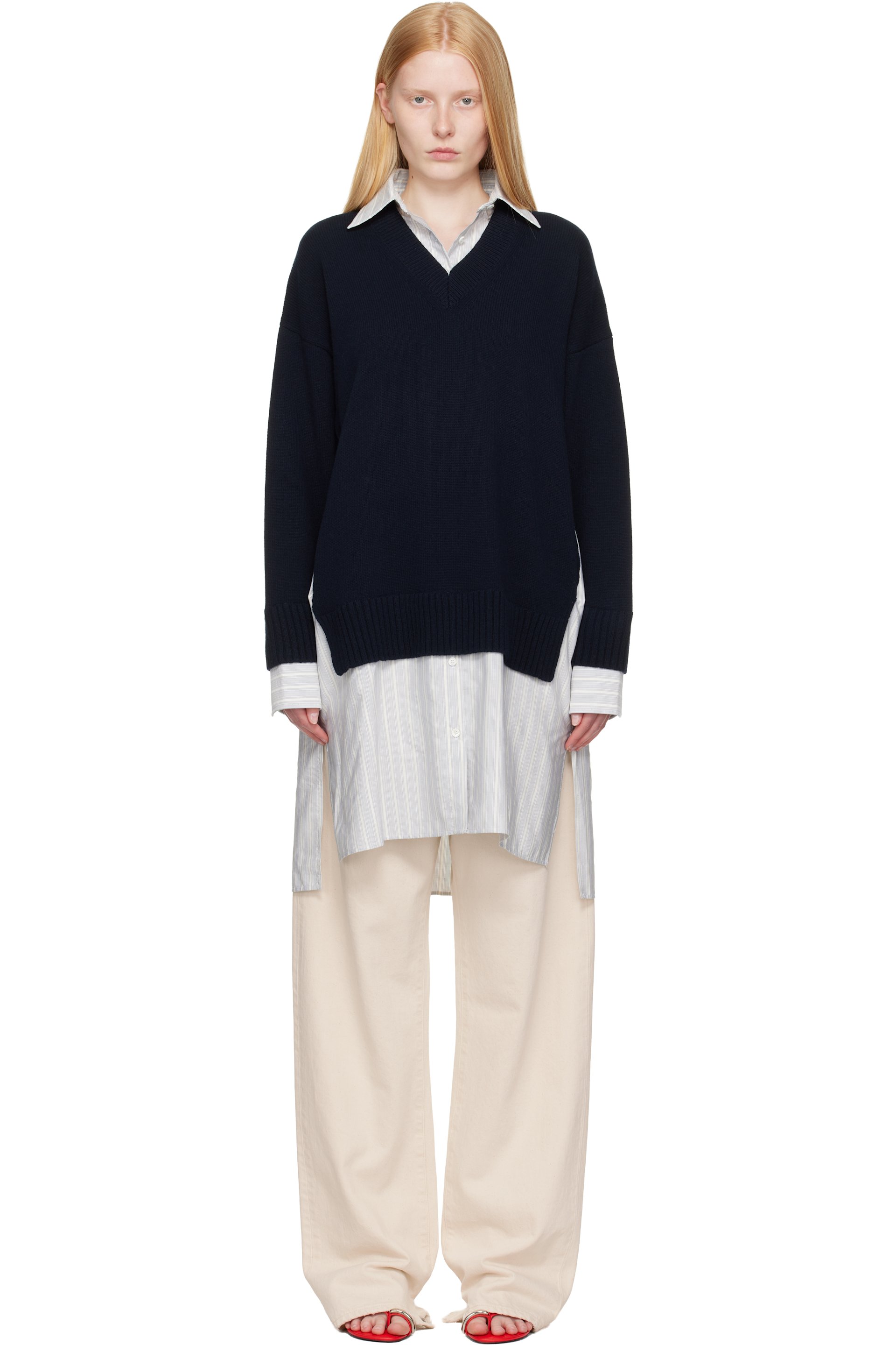 Stella McCartney - Robe chemise midi étagée bleu marine