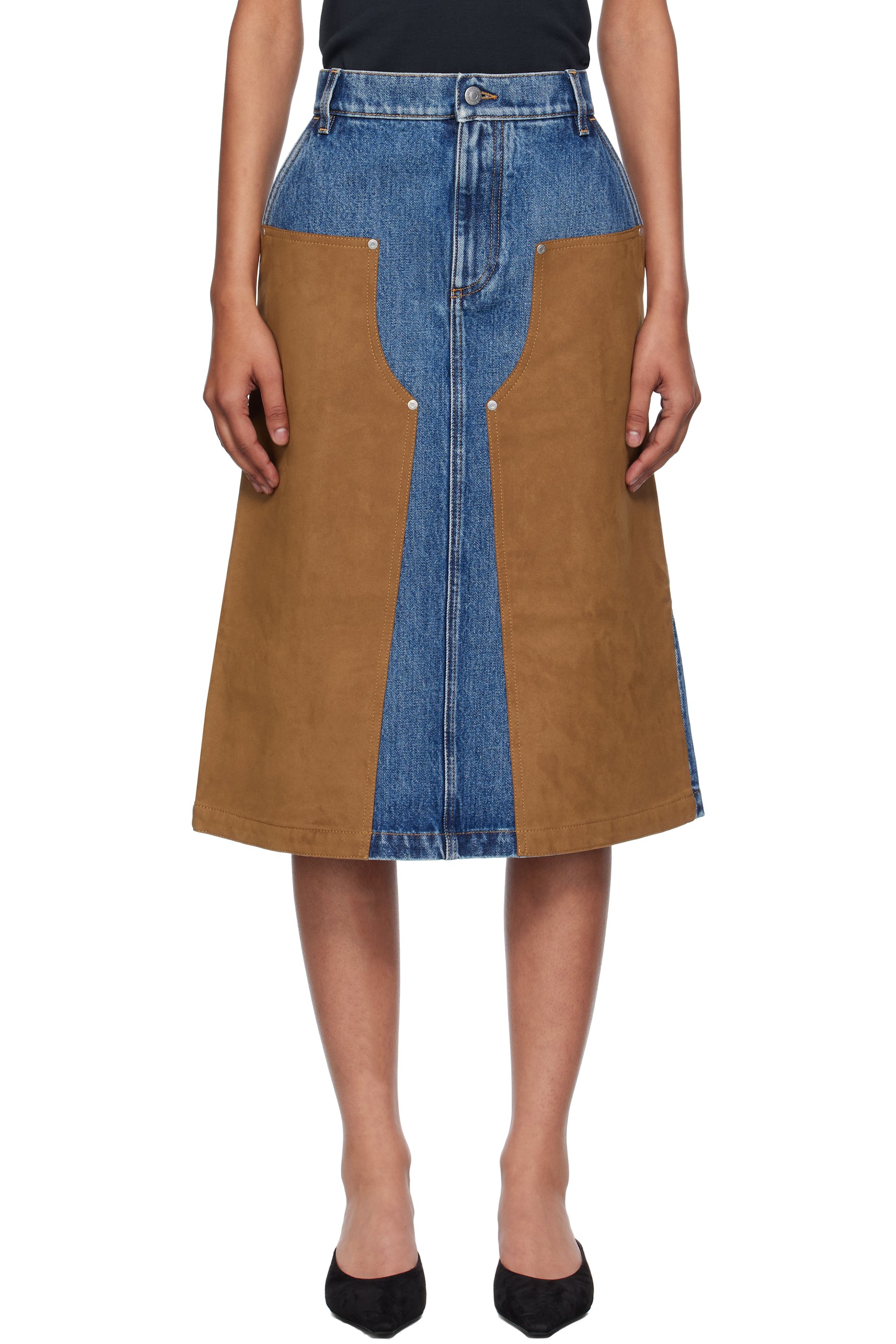 Stella McCartney - Jupe midi bleu et brun clair en denim et en suède synthétique