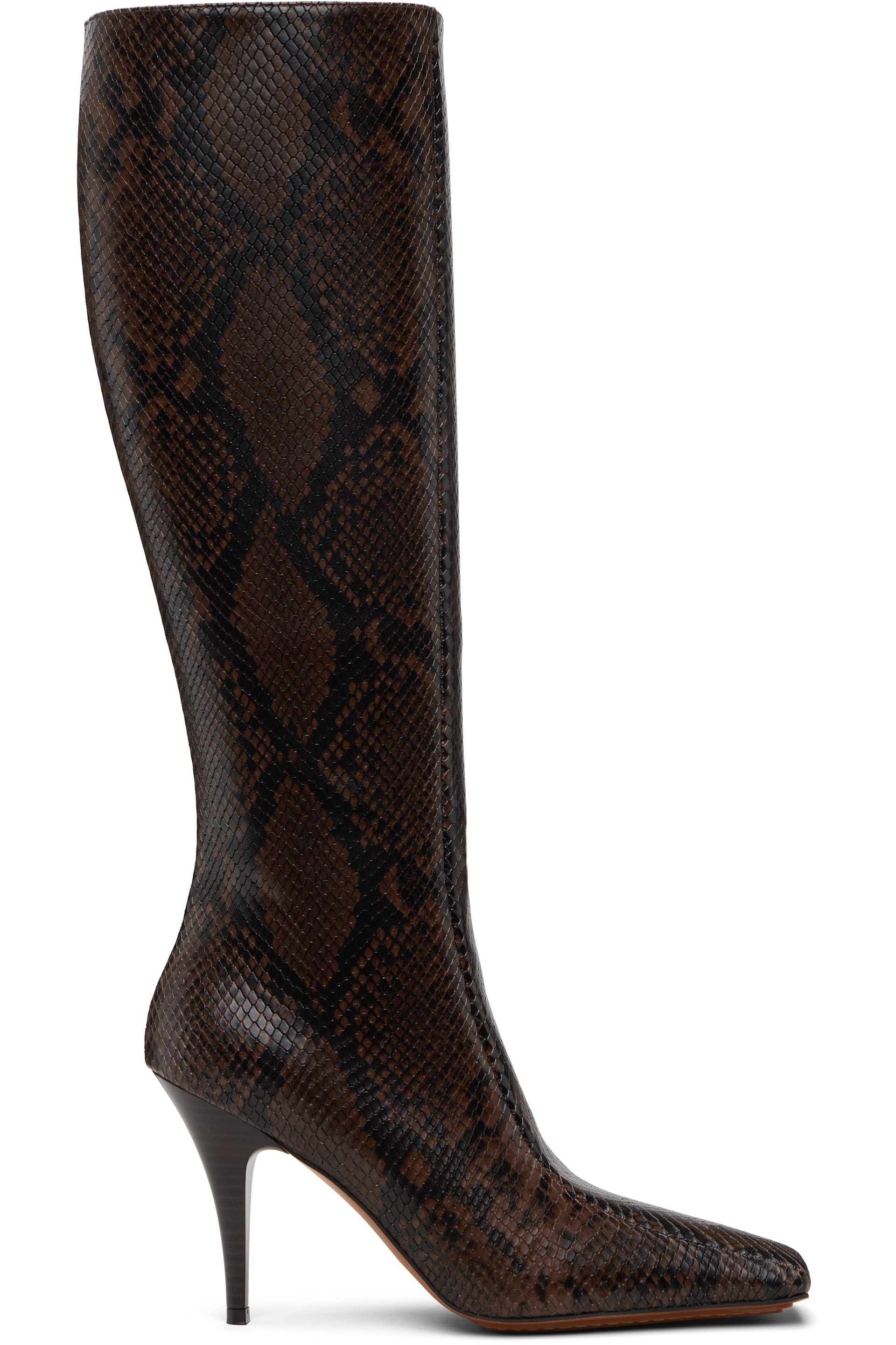 Stella McCartney - Bottes hauteur genou à talon aiguille brunes en cuir gaufré façon serpent et à bout carré
