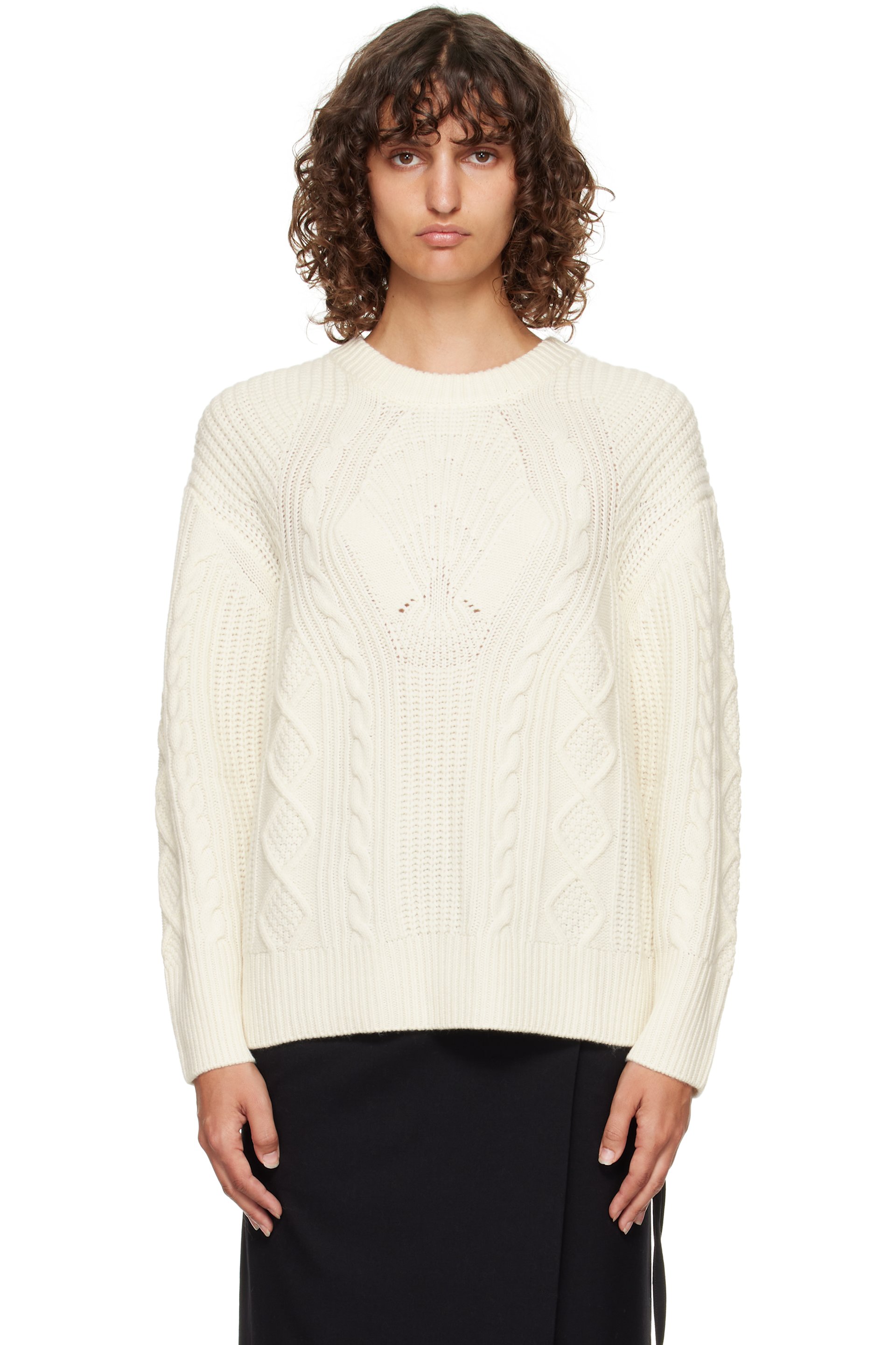 Loulou de Saison - Pull Silva blanc cassé en tricot câblé