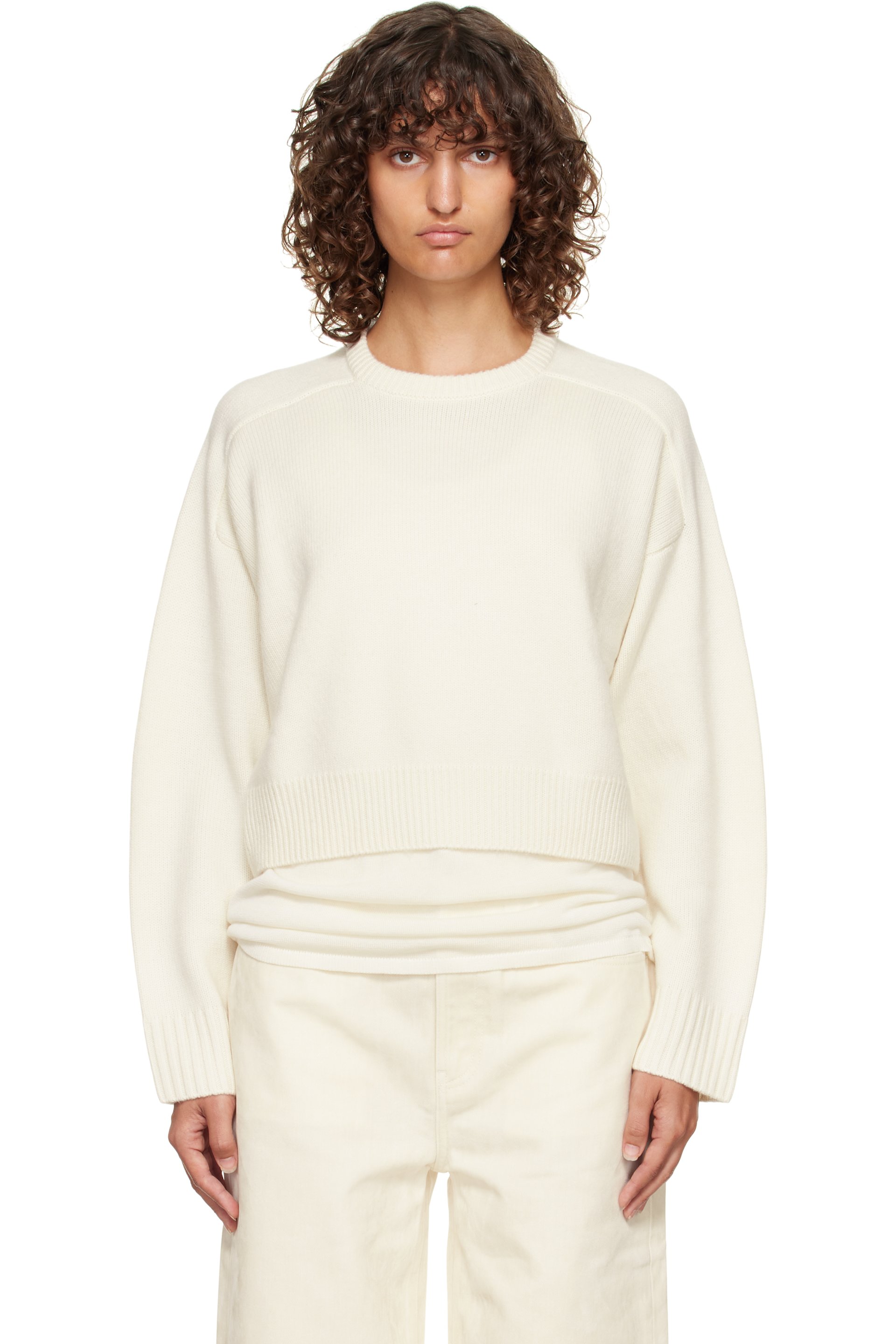 Loulou de Saison - Pull droit Bruzzi blanc cassé en laine et cachemire à logo