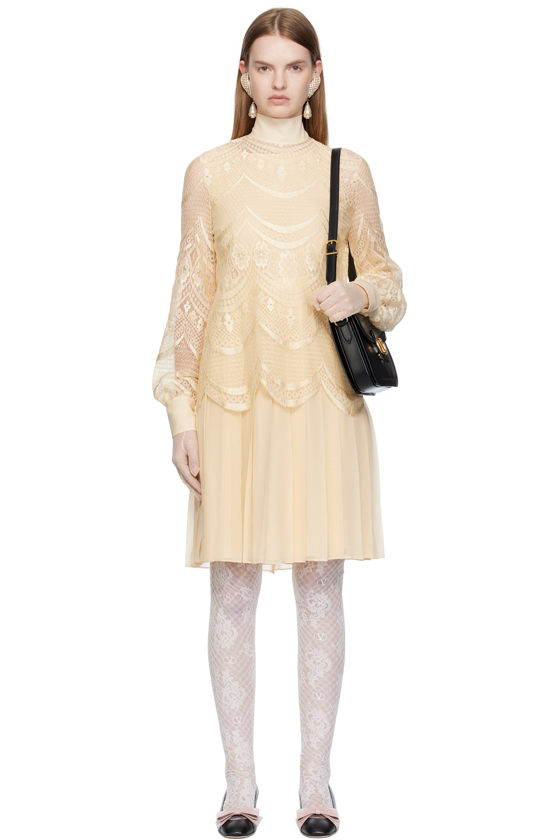 Valentino - Robe midi étagée beige