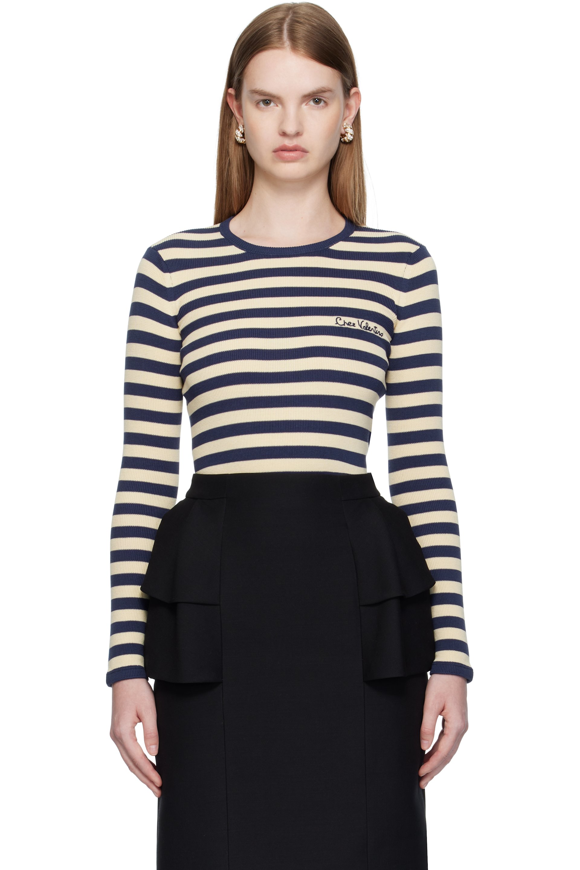 Valentino - T-shirt bleu marine et beige en coton