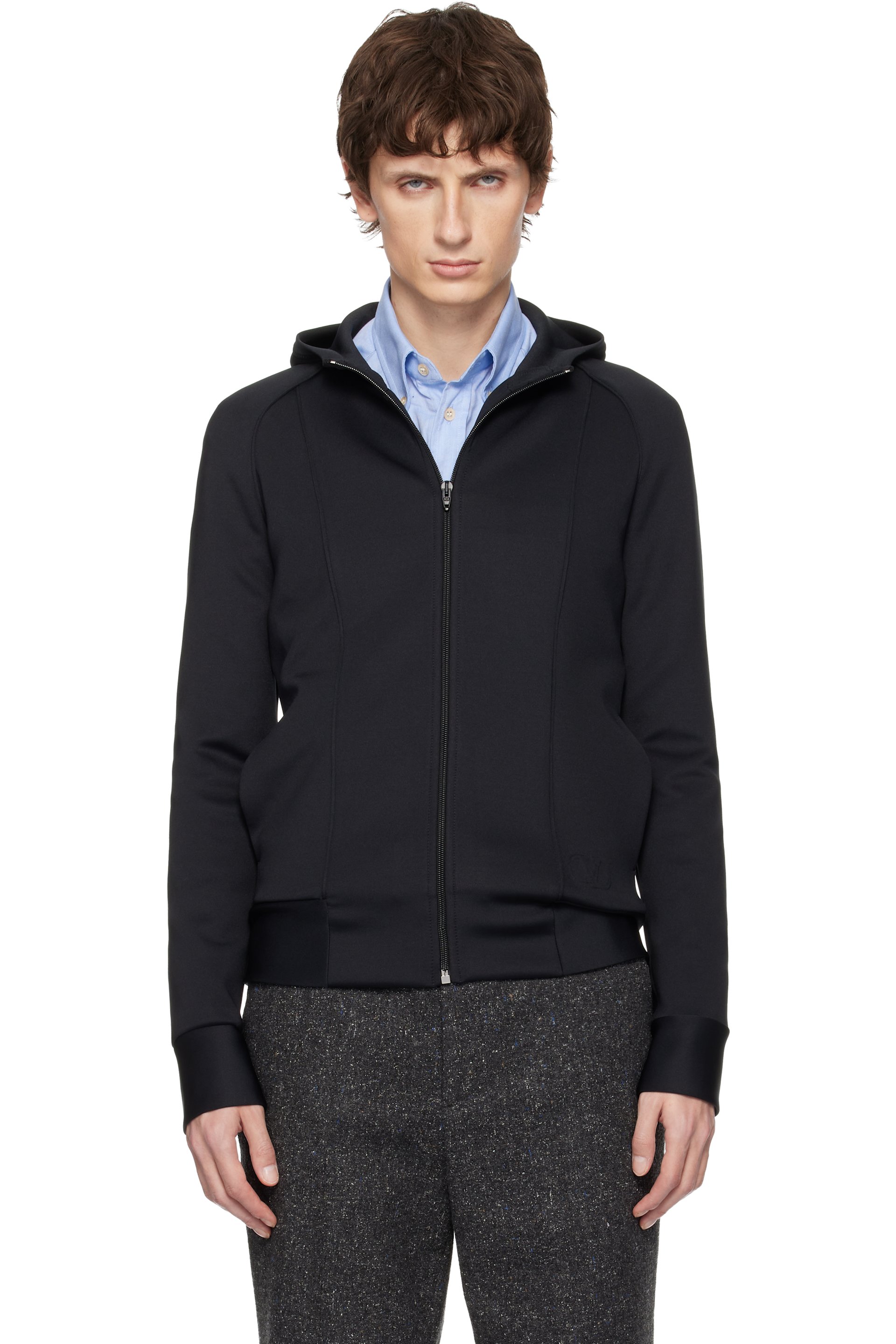 Valentino - Black Neoprene Embossed VLogo Hoodie