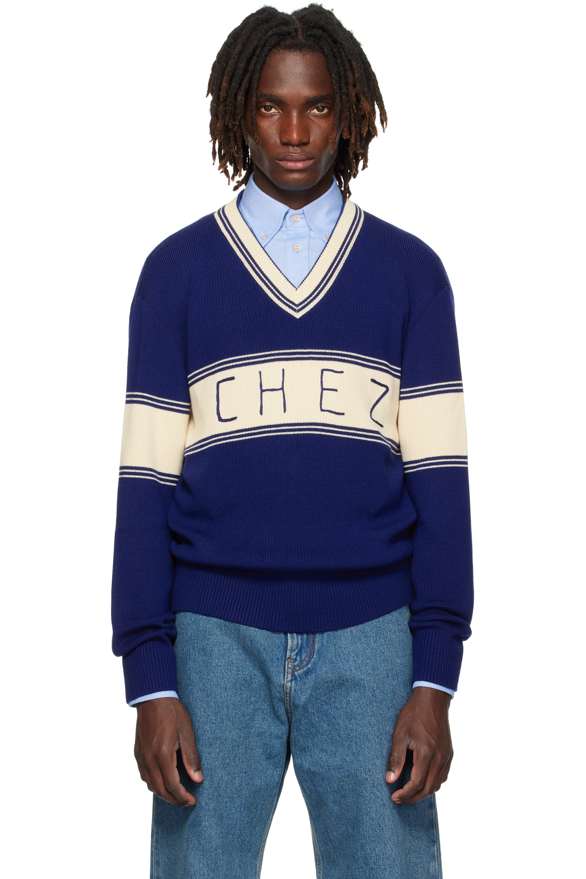 Valentino - Navy & Beige 'Chez Valentino' Jacquard Pattern Sweater