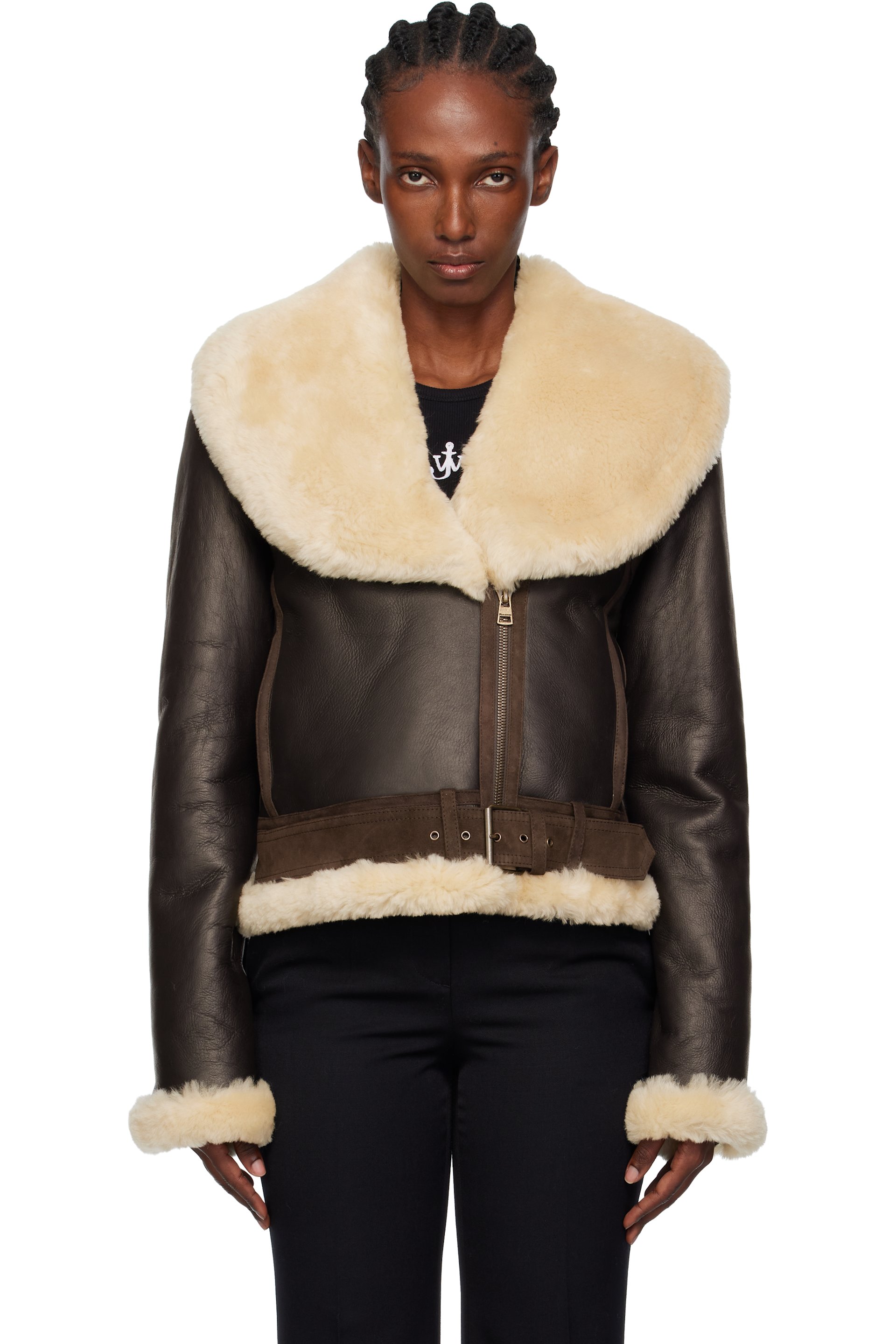 JW Anderson - Blouson aviateur brun et beige à garnitures en peau retournée