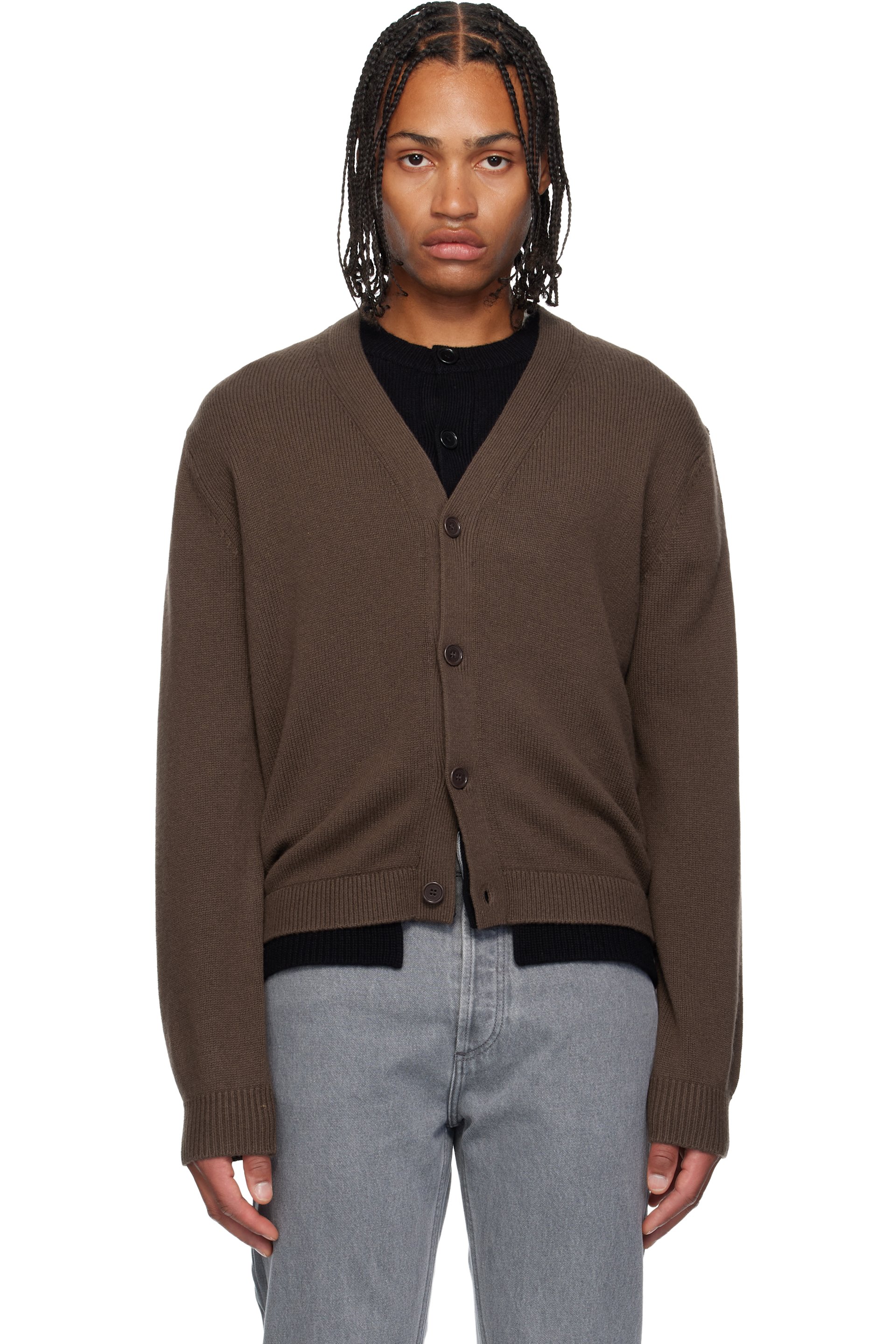 JW Anderson - Cardigan étagé brun à panneaux contrastants
