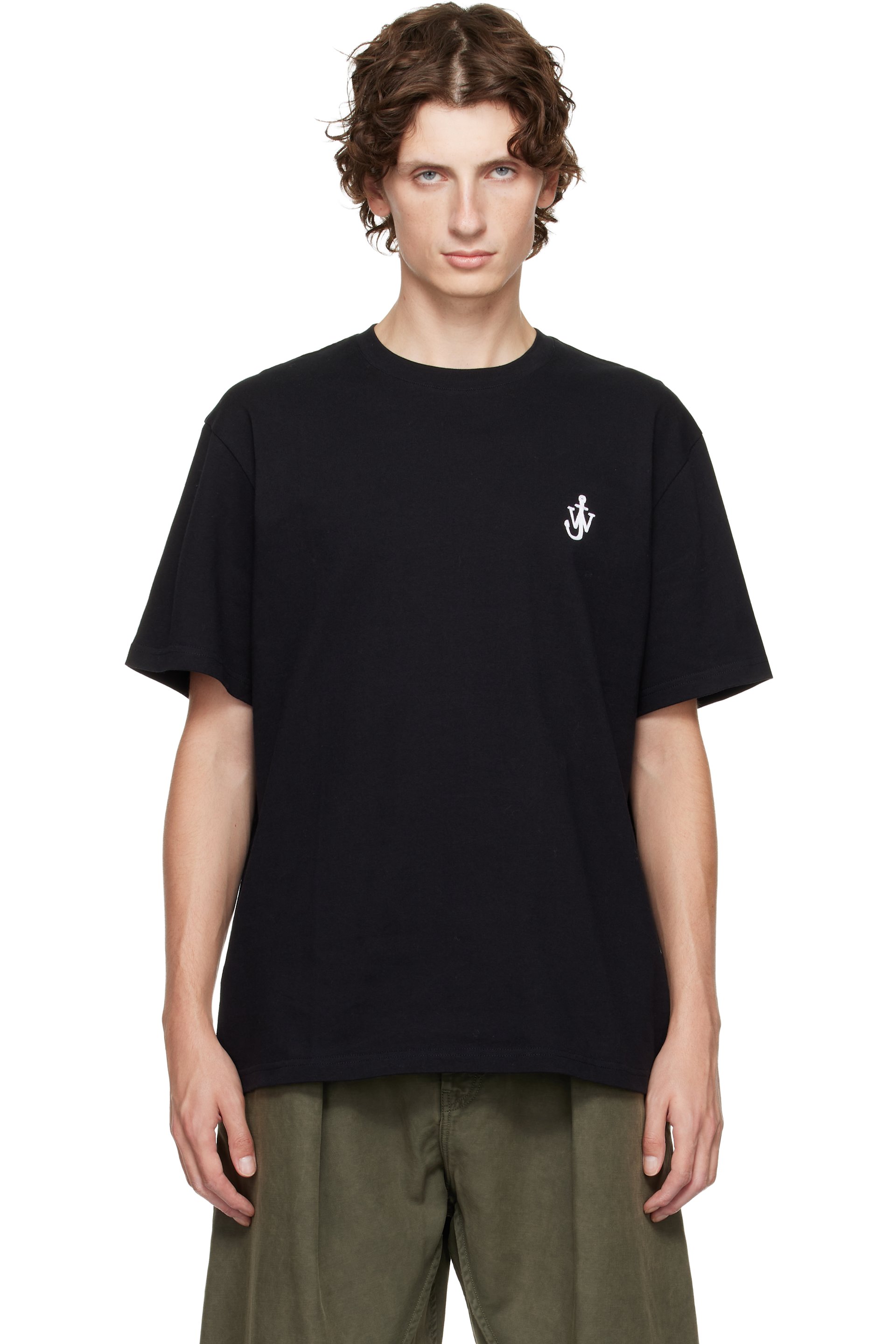 JW Anderson: Black Anchor Embroidery T-shirt | SSENSE