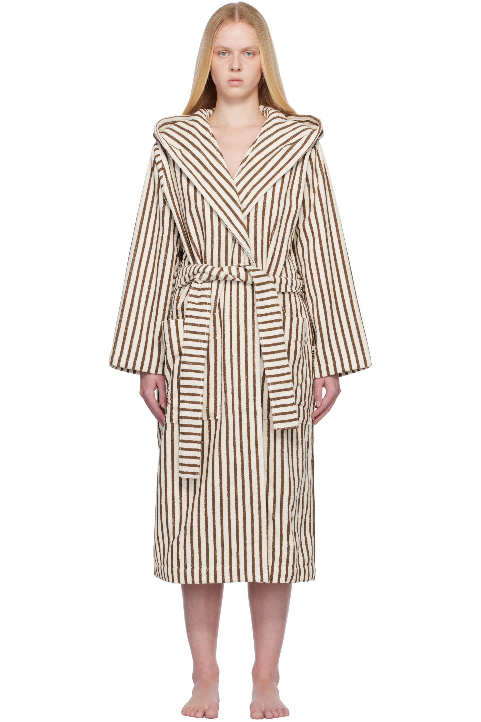 Tekla - Off-White & Brown Terry Hooded Bathrobe