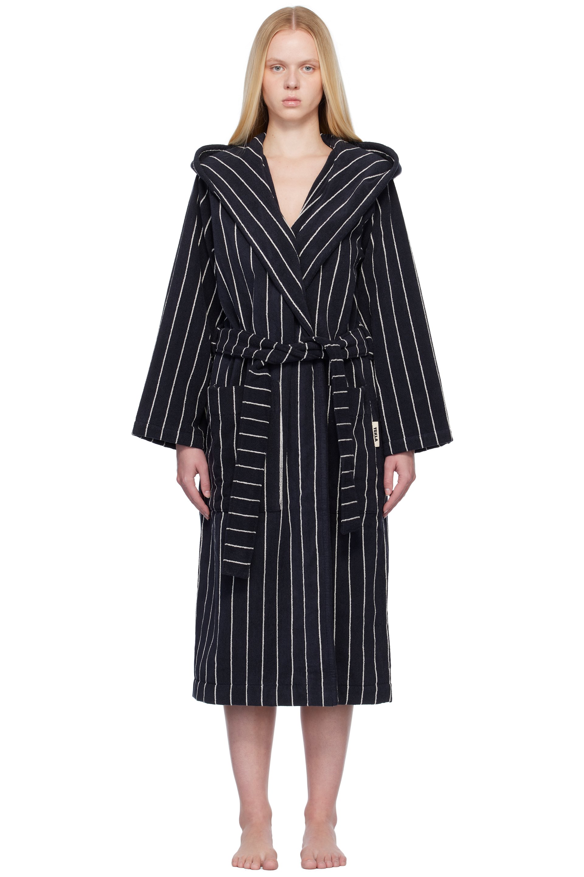Tekla - Black & White Terry Hooded Bathrobe