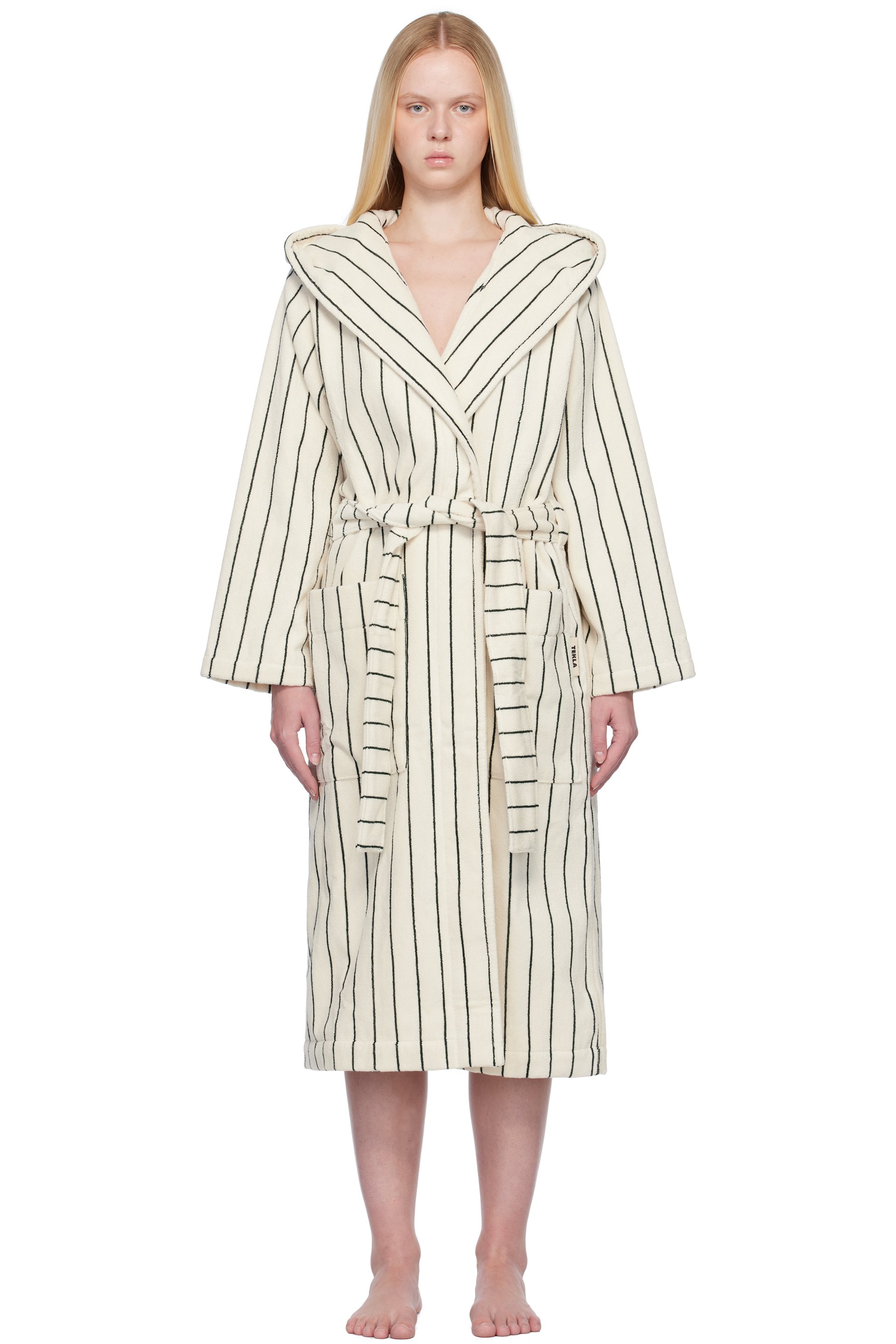 Tekla - Off-White & Green Terry Hooded Bathrobe