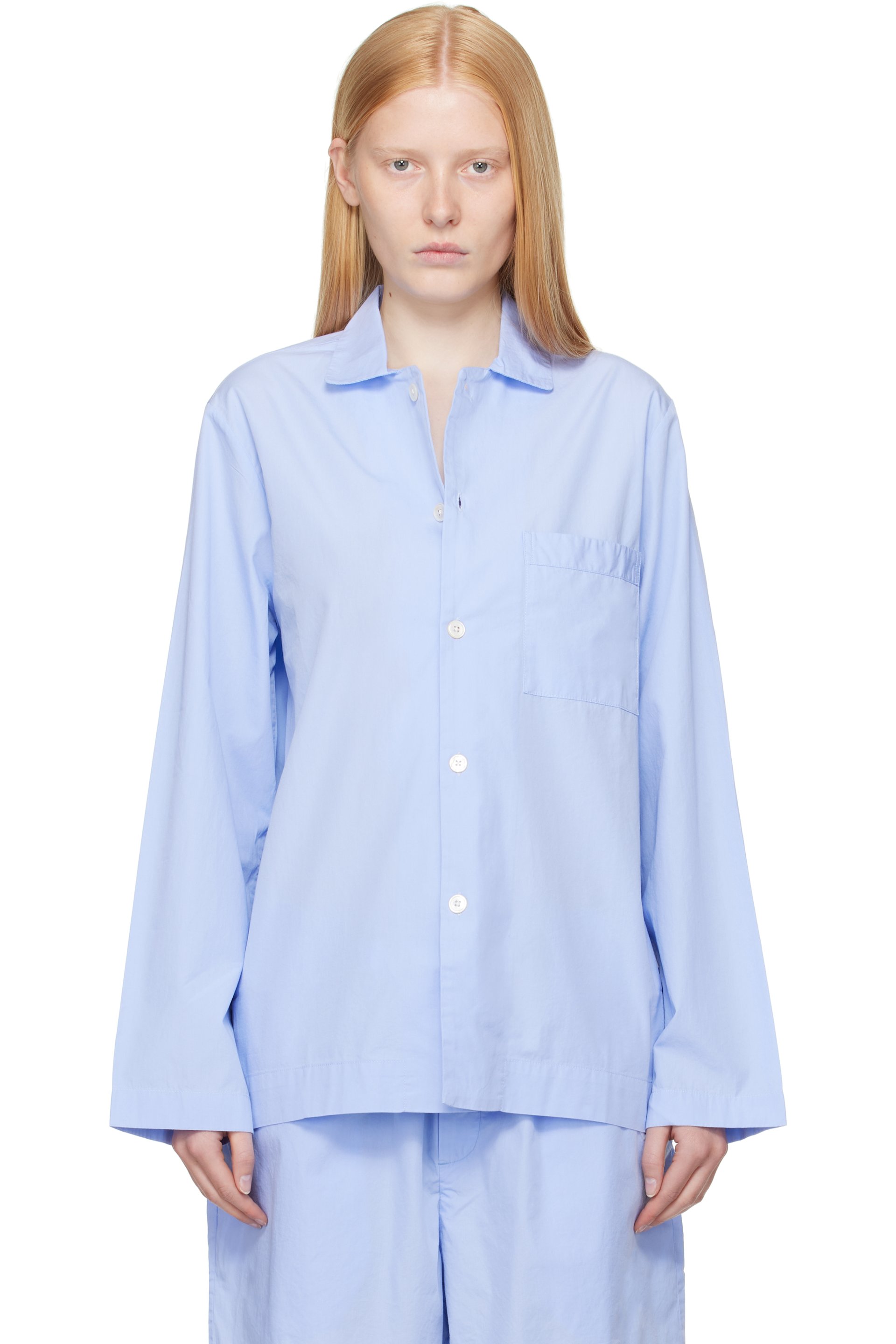 Tekla - Blue Poplin Long-Sleeved Pyjama Shirt