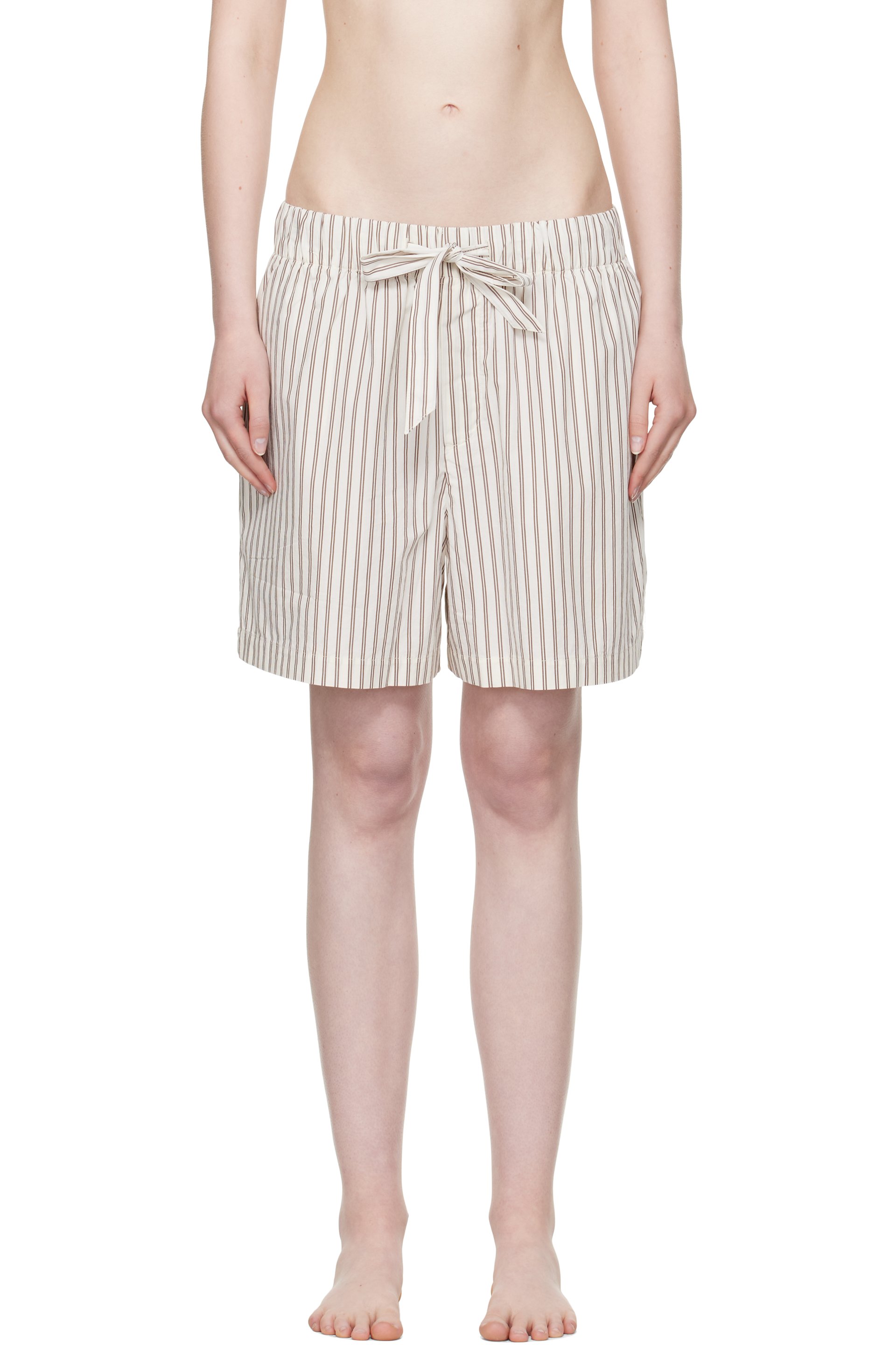 Tekla - Off-White & Brown Poplin Pyjama Shorts