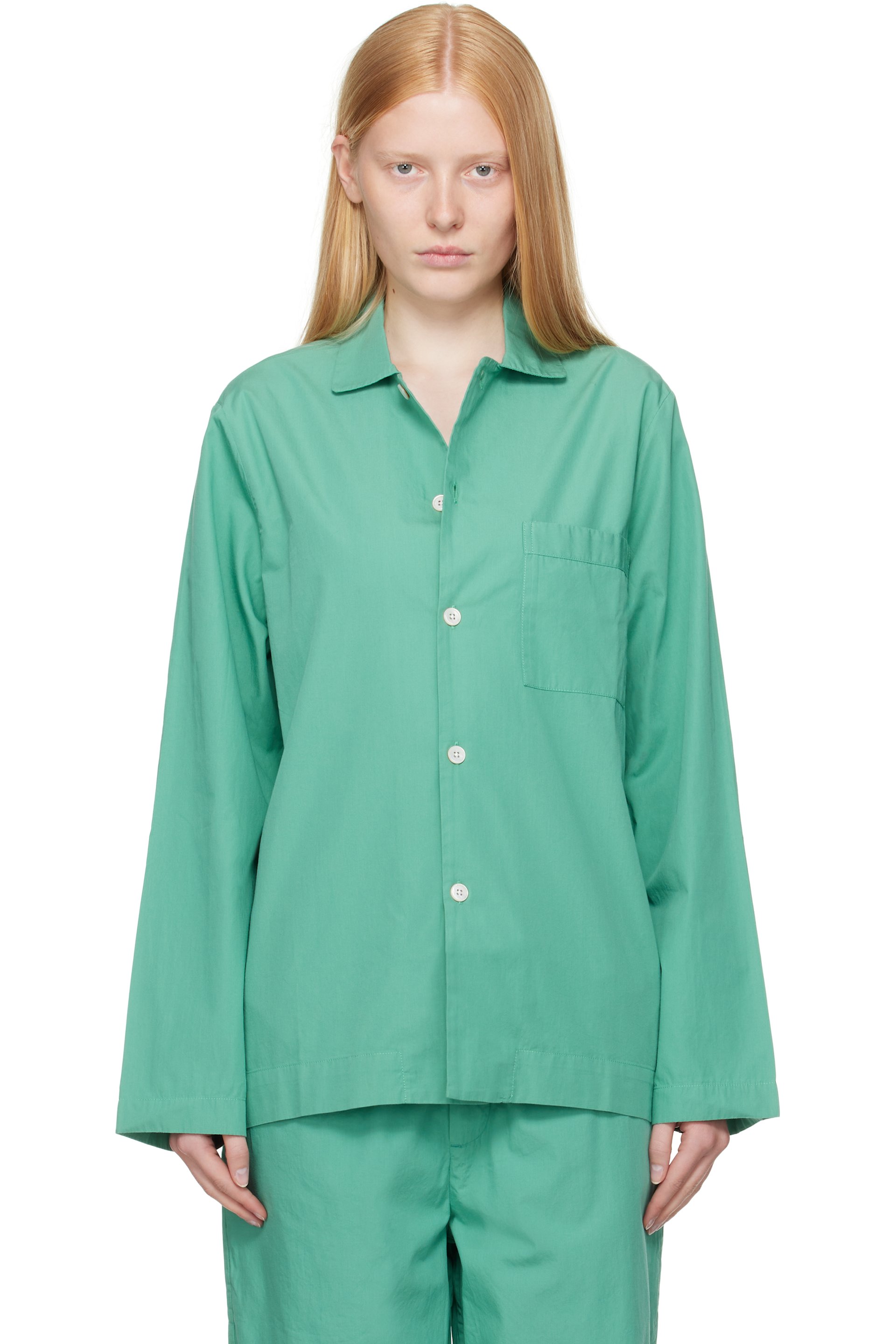 Tekla - Green Poplin Long-Sleeved Pyjama Shirt