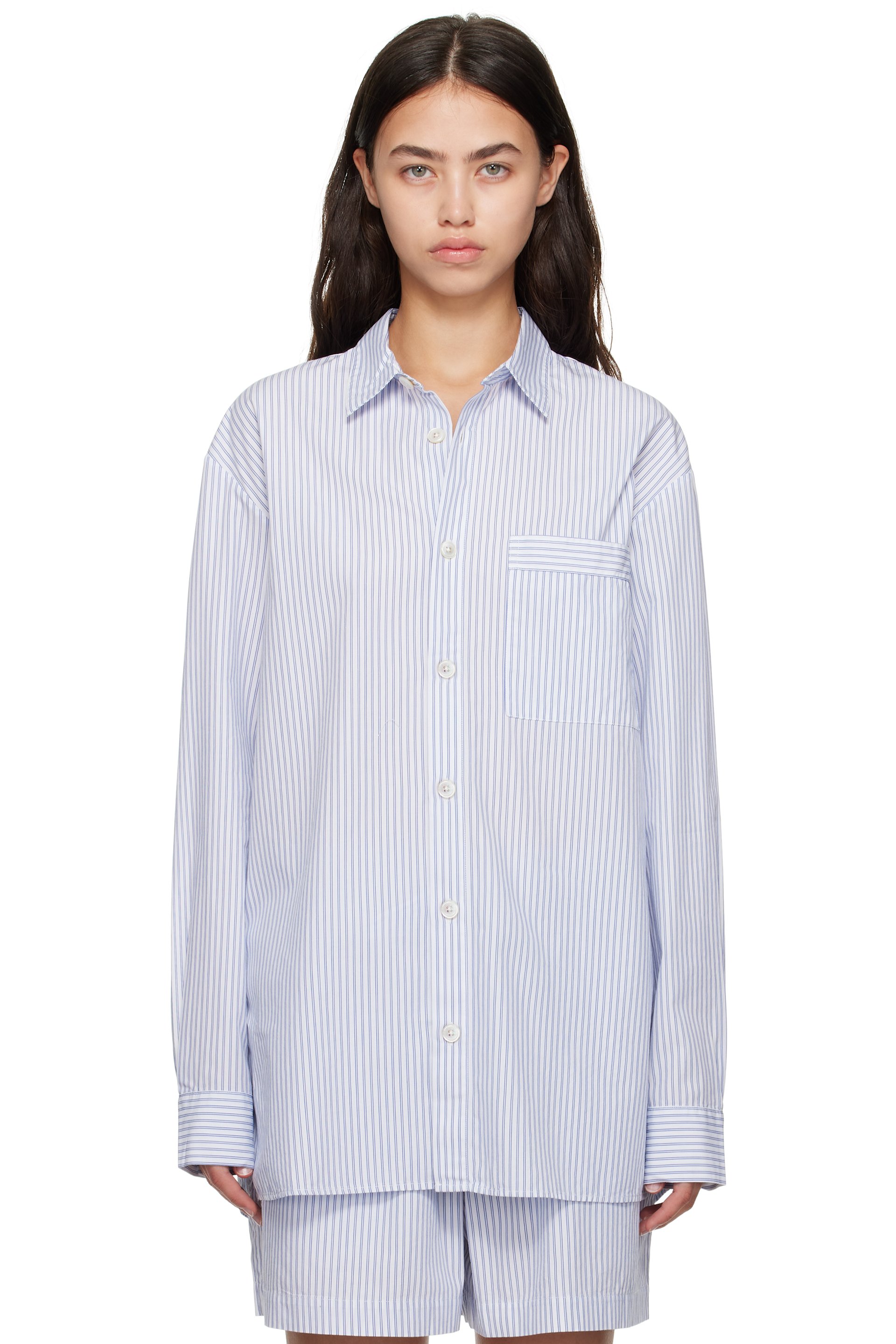 Tekla - Chemise de pyjama à manches longues blanc et bleu en popeline