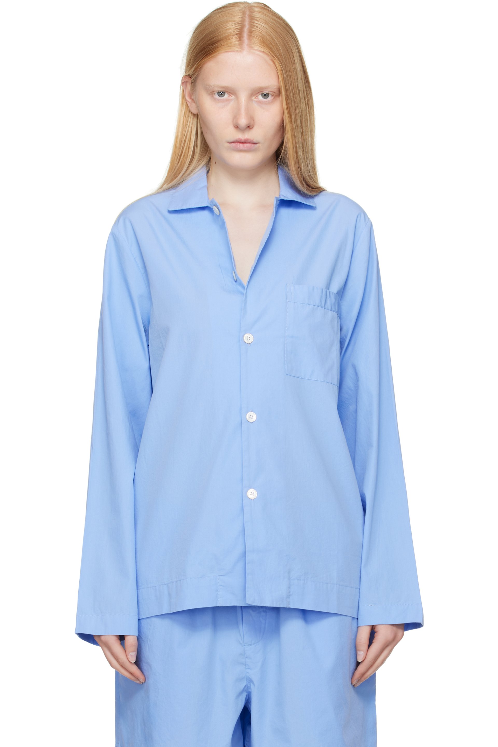 Tekla - Blue Poplin Long-Sleeved Pyjama Shirt