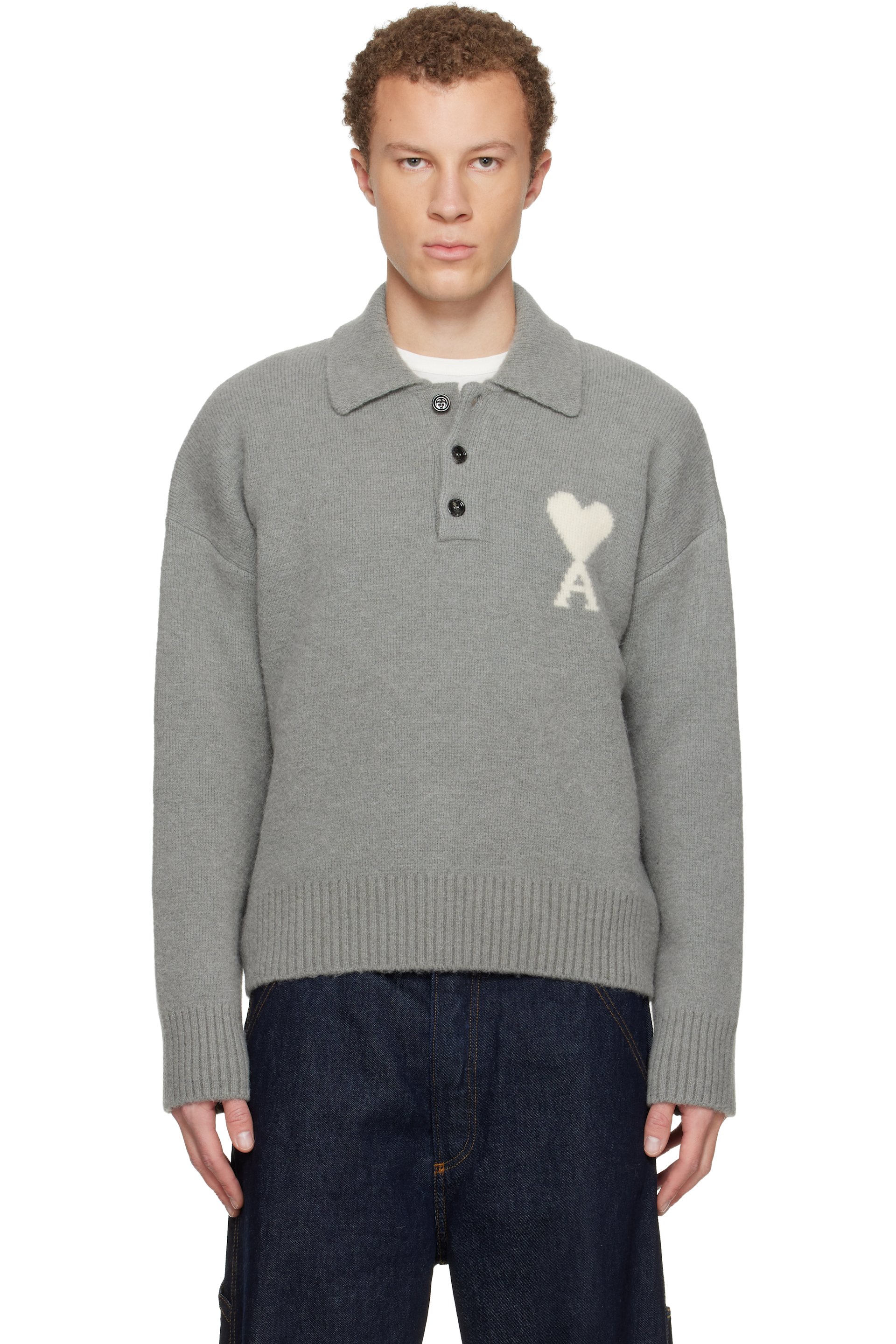 AMI Paris - Polo à manches longues gris en alpaga à logo Ami de cœur