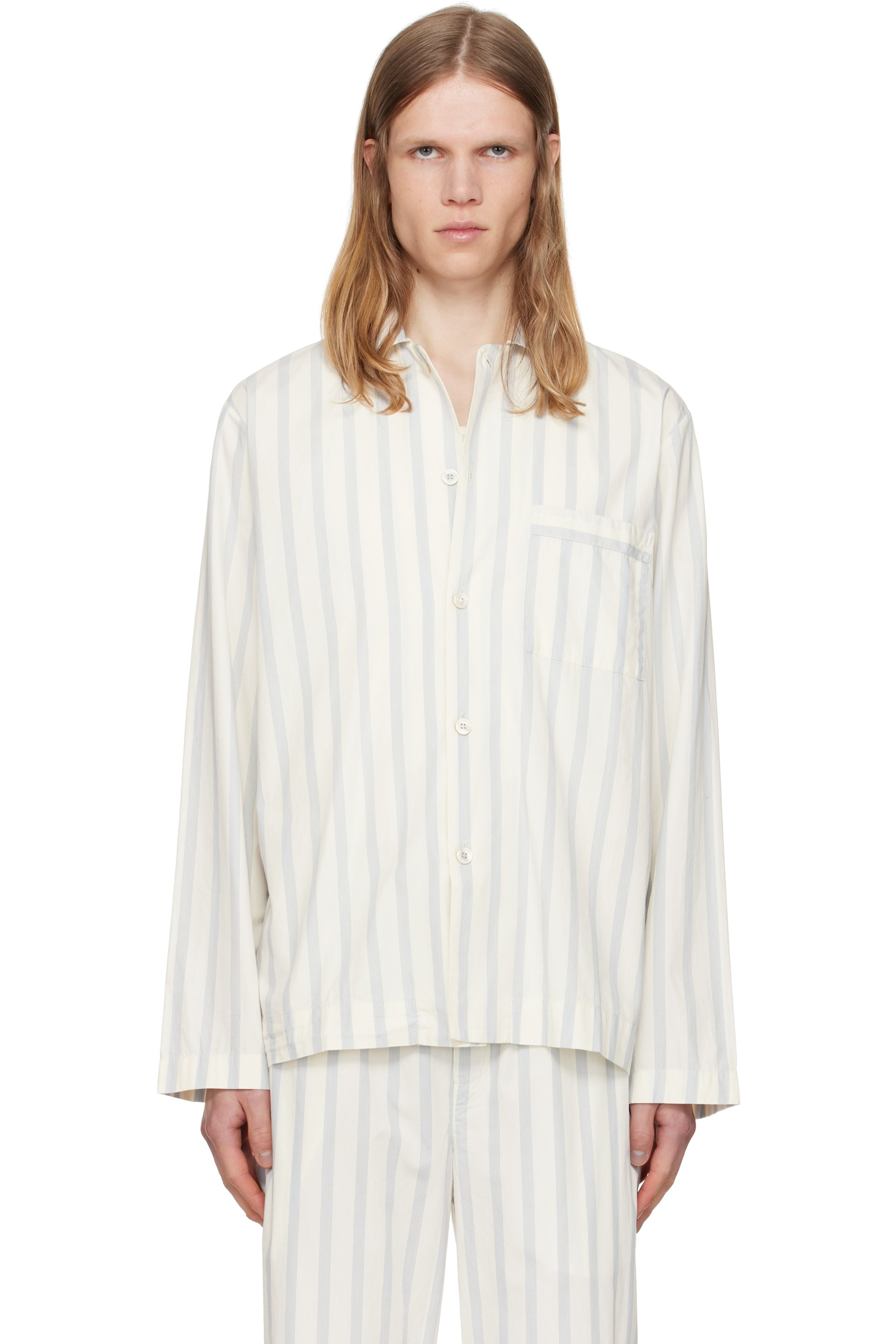 Tekla - Off-White & Navy Poplin Long-Sleeved Pyjama Shirt
