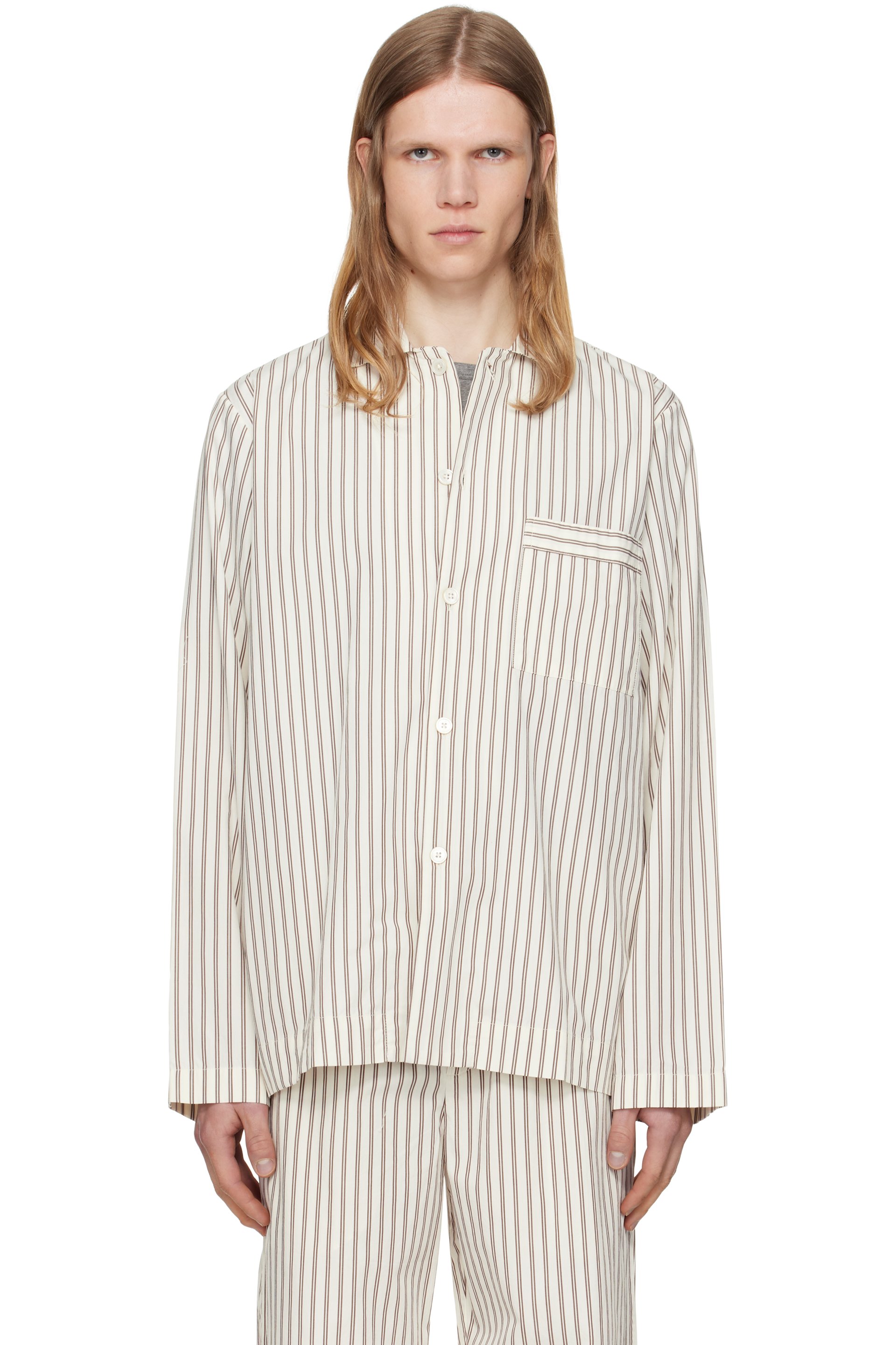 Tekla - Brown & Off-White Poplin Long-Sleeved Pyjama Shirt
