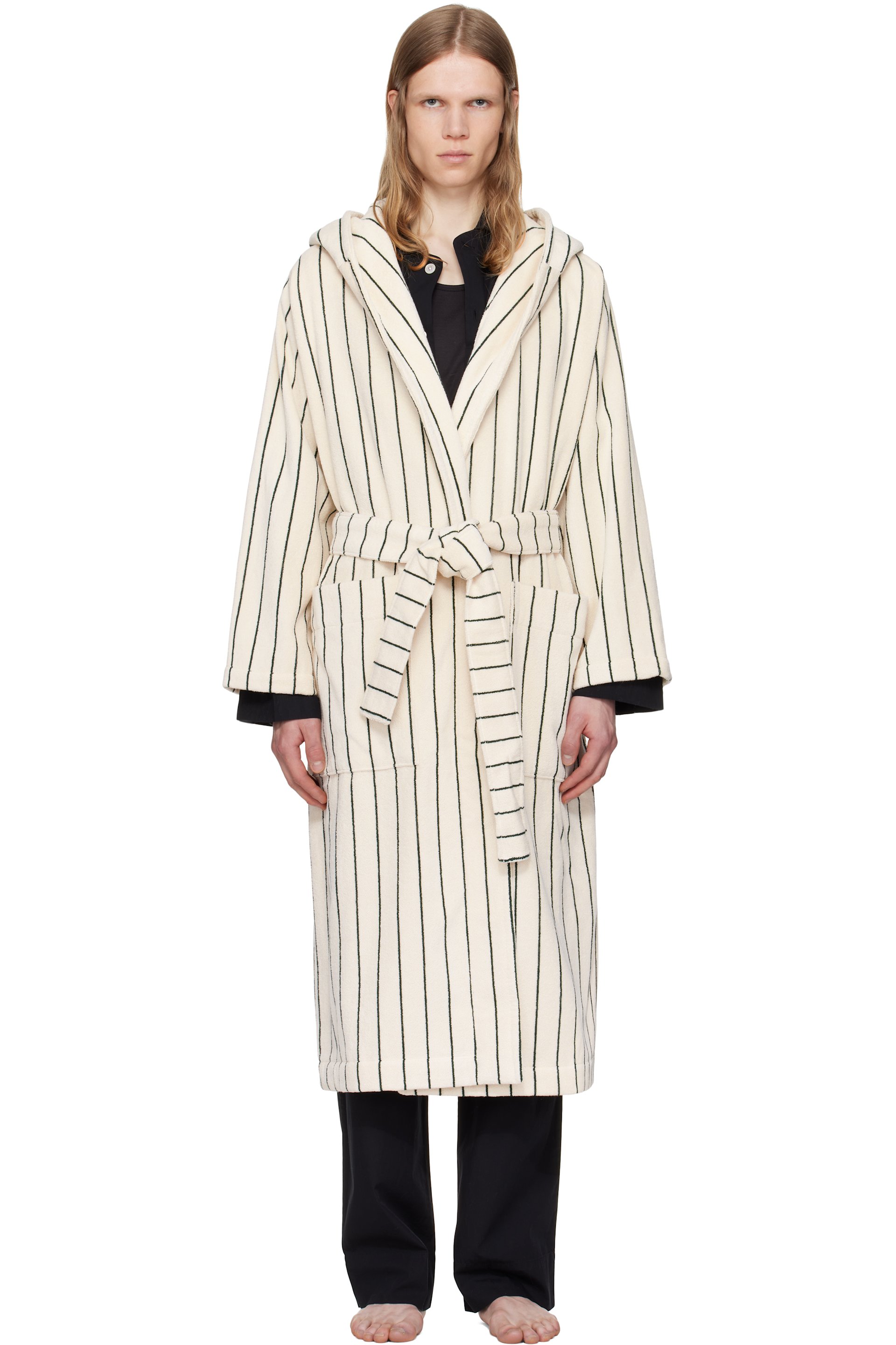 Tekla - Off-White & Green Terry Hooded Bathrobe