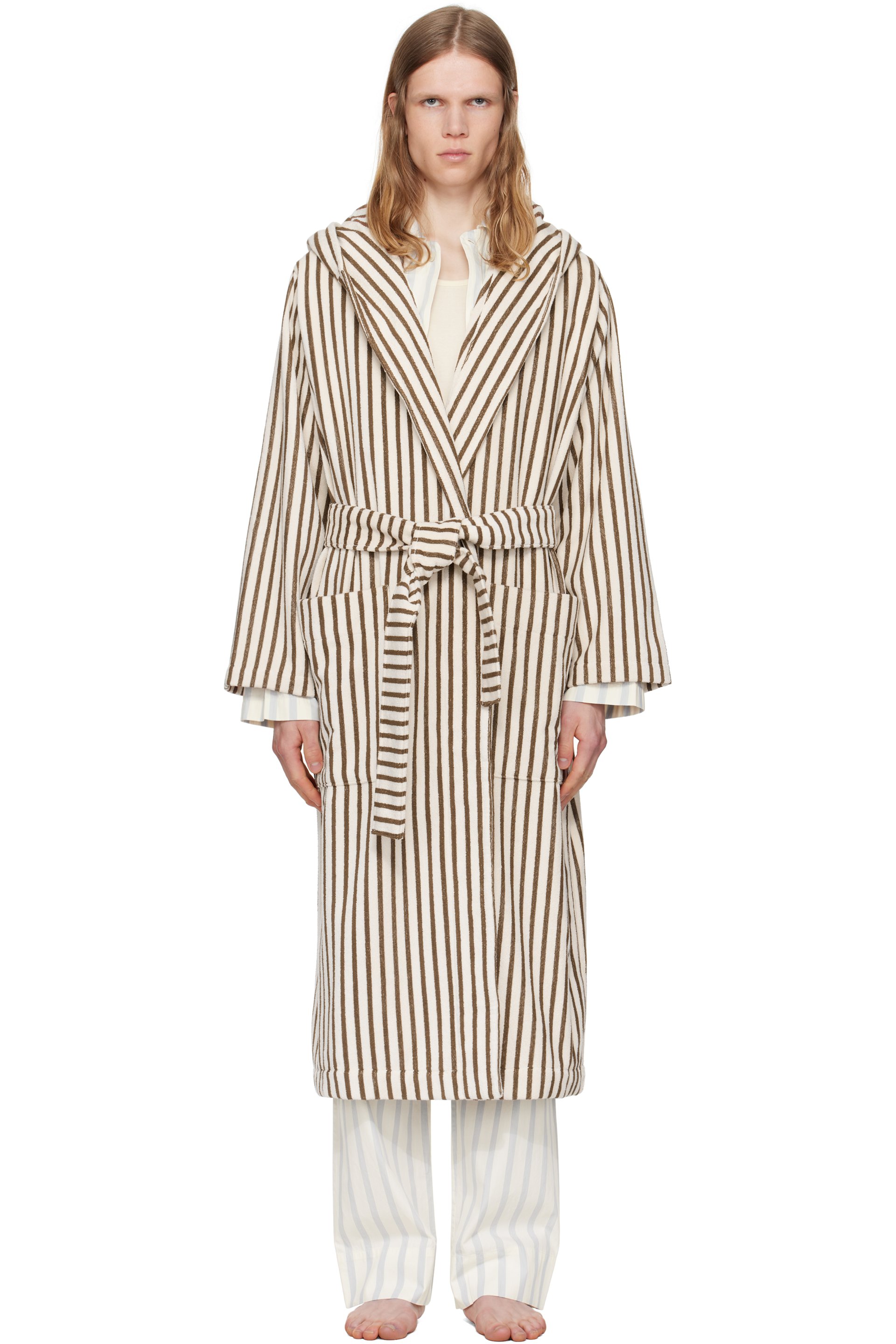Tekla - Off-White & Brown Terry Hooded Bathrobe
