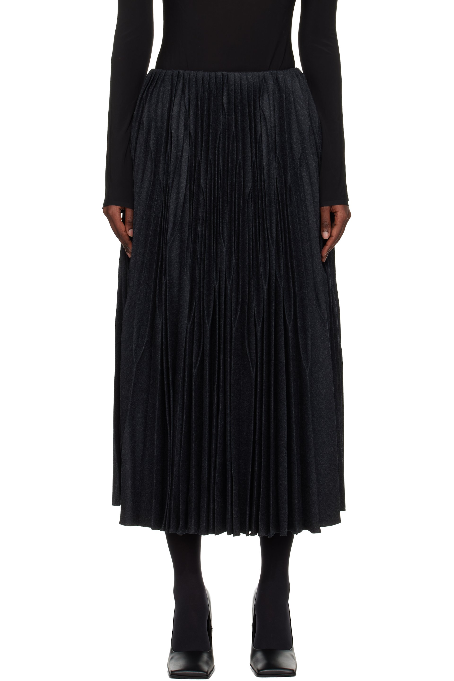 ALAÏA - Jupe midi grise en flanelle à plis