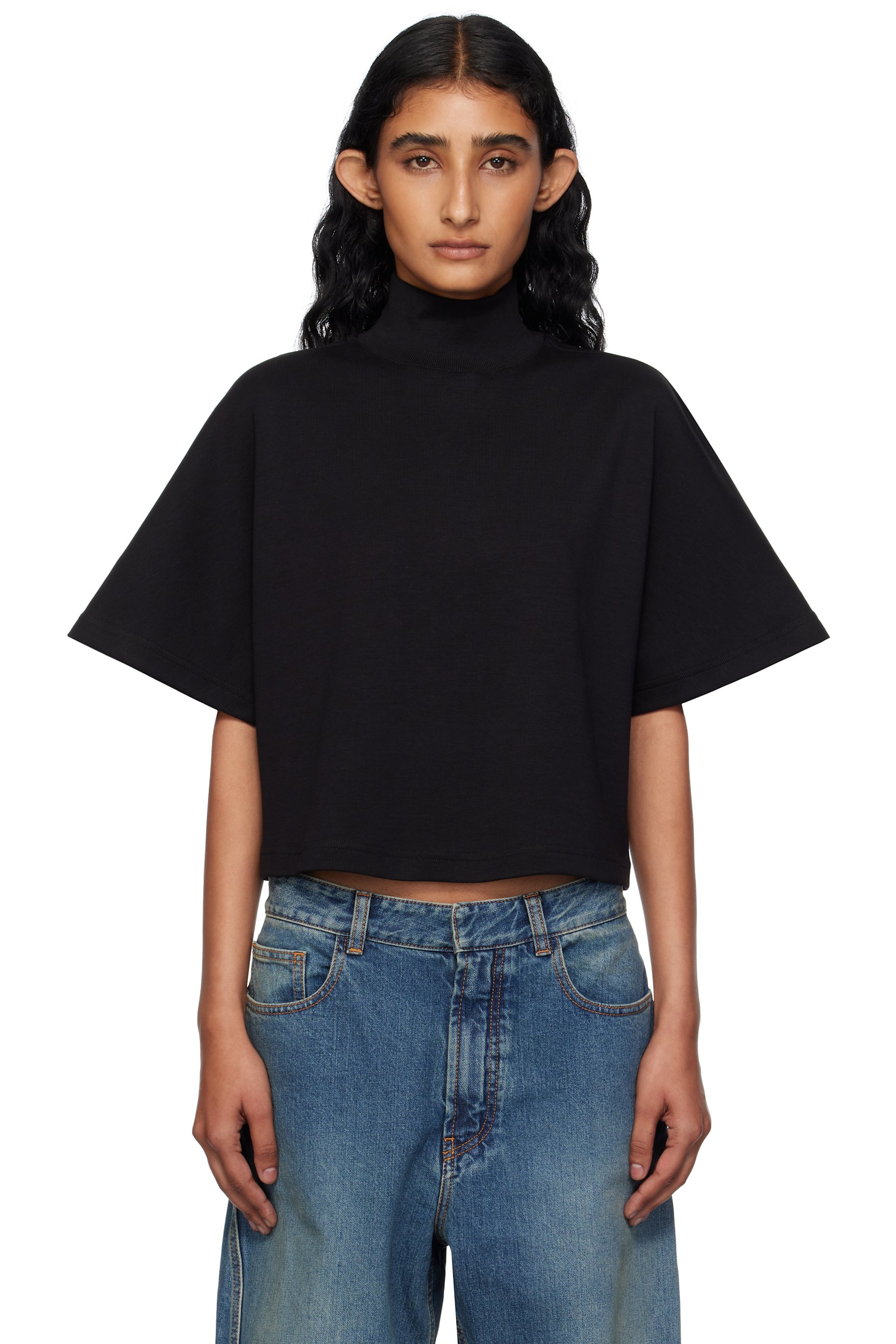 ALAÏA - Black Ribbed Cotton High Neck T-shirt
