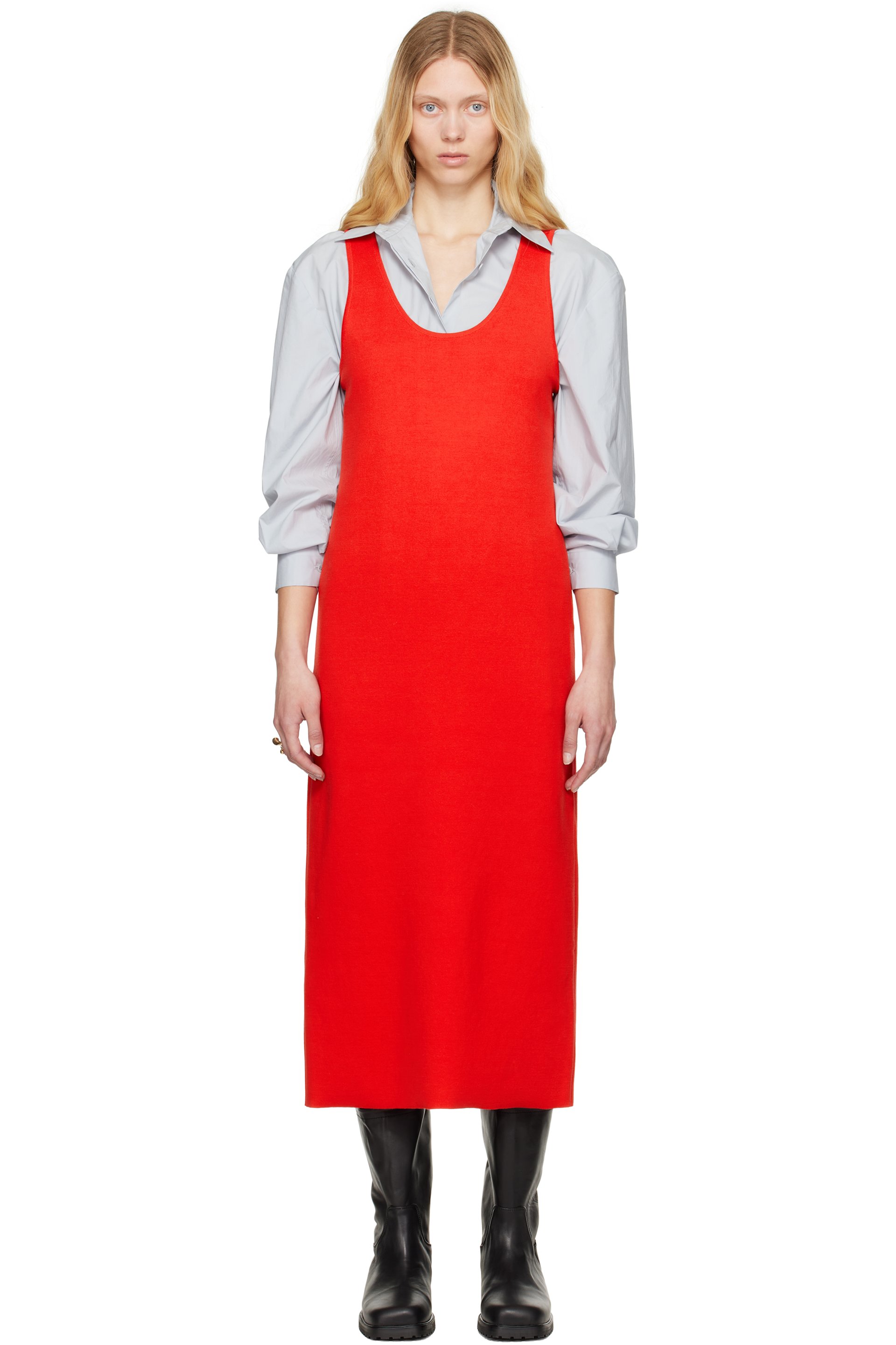 AURALEE - Robe midi rouge en tricot extensible de soie et coton