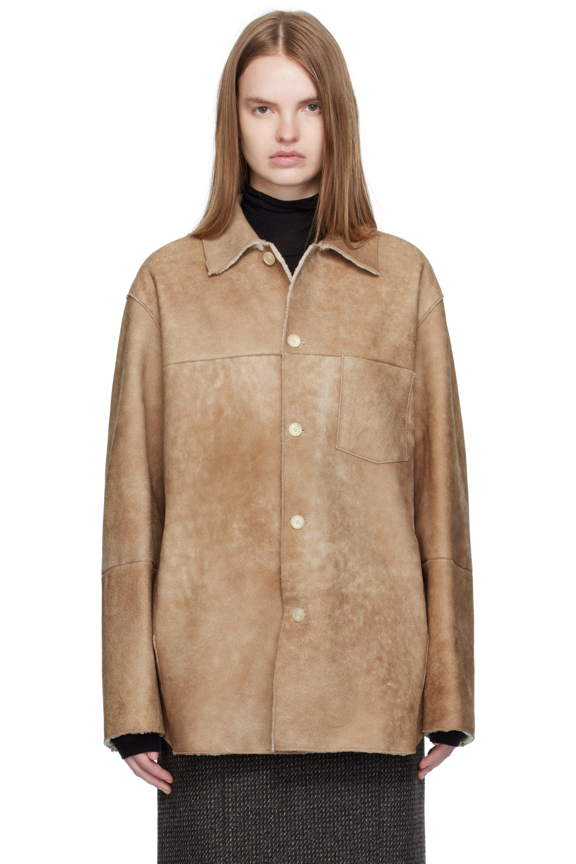 AURALEE - Beige Merino Mouton Shearling Shirt Jacket