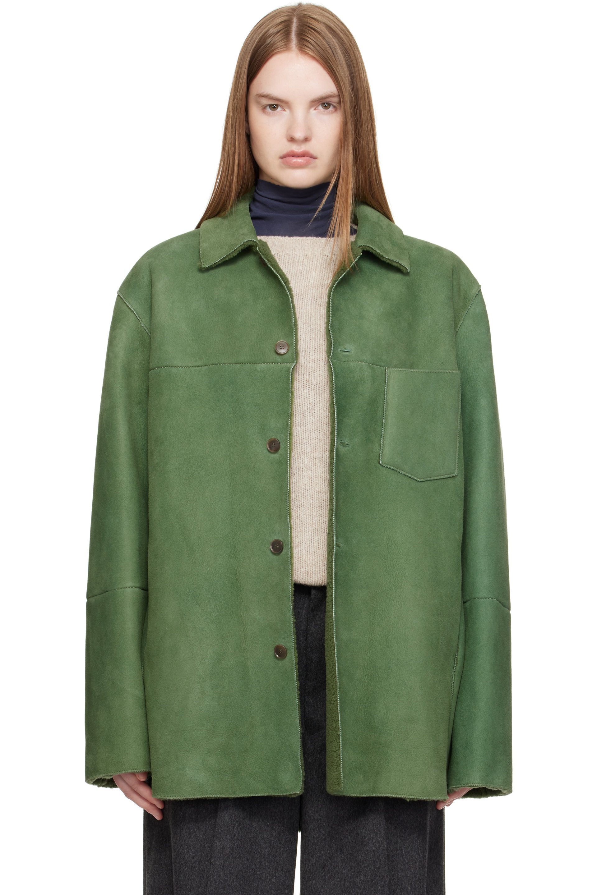 AURALEE - Green Merino Mouton Shearling Shirt Jacket