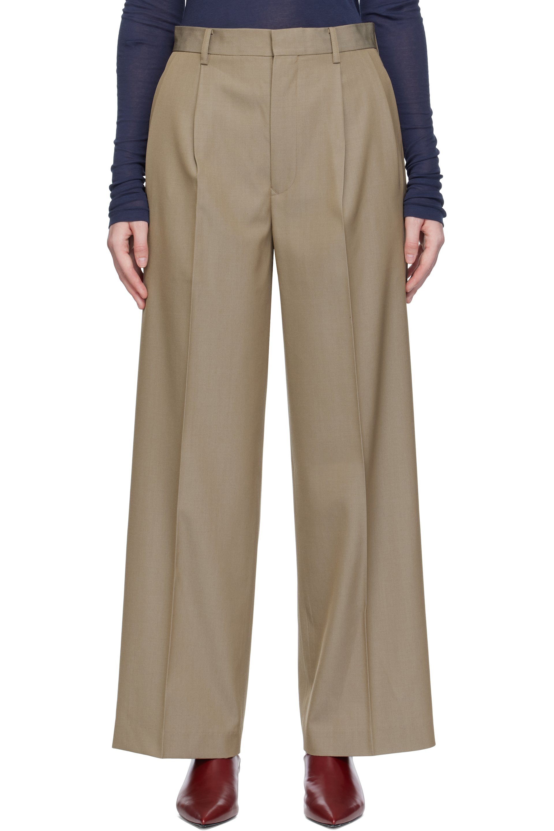 AURALEE: Beige Light Wool Max Gabardine Two-Tuck Trousers | SSENSE