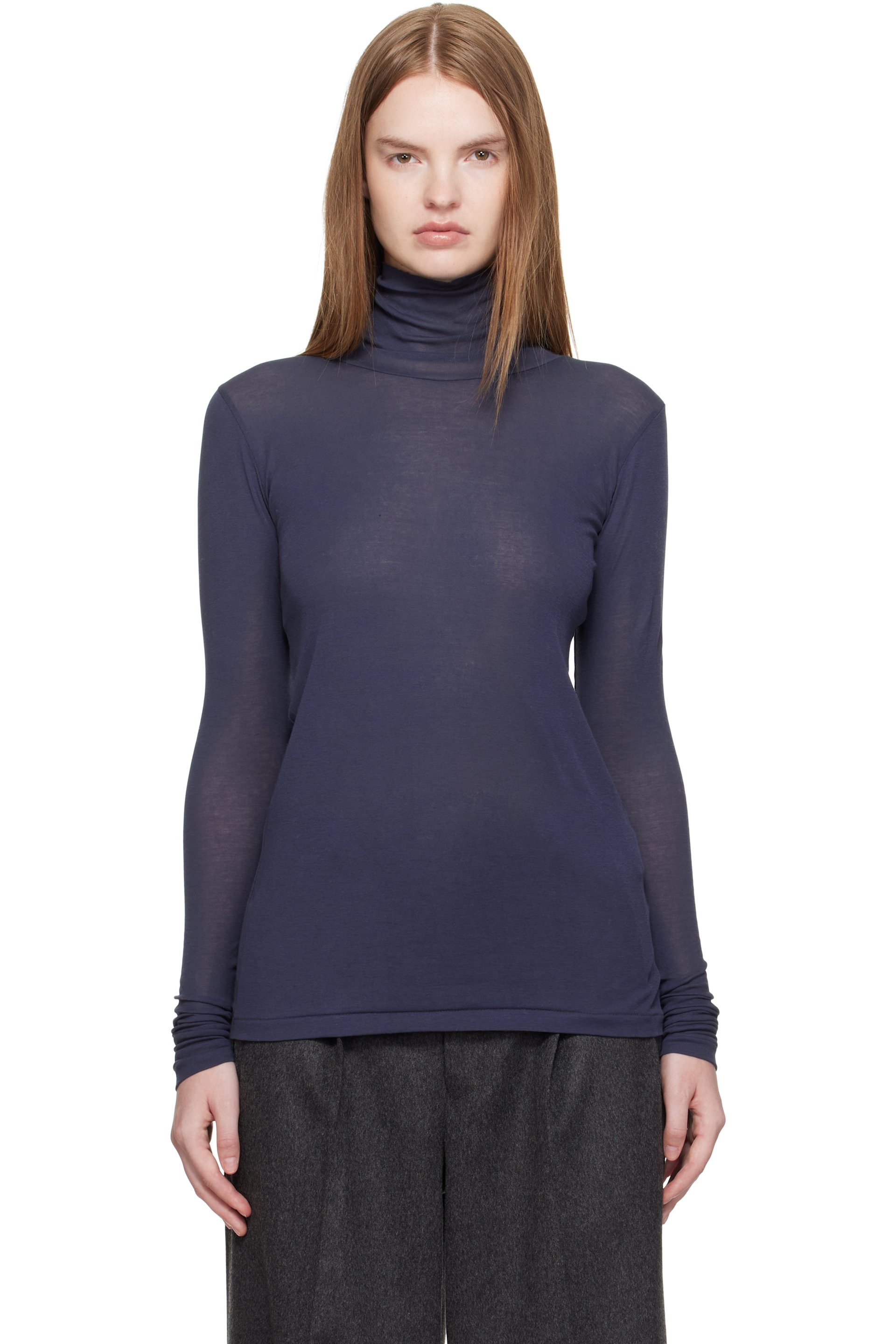 AURALEE: Navy Super High Gauge Sheer Rib Turtleneck | SSENSE