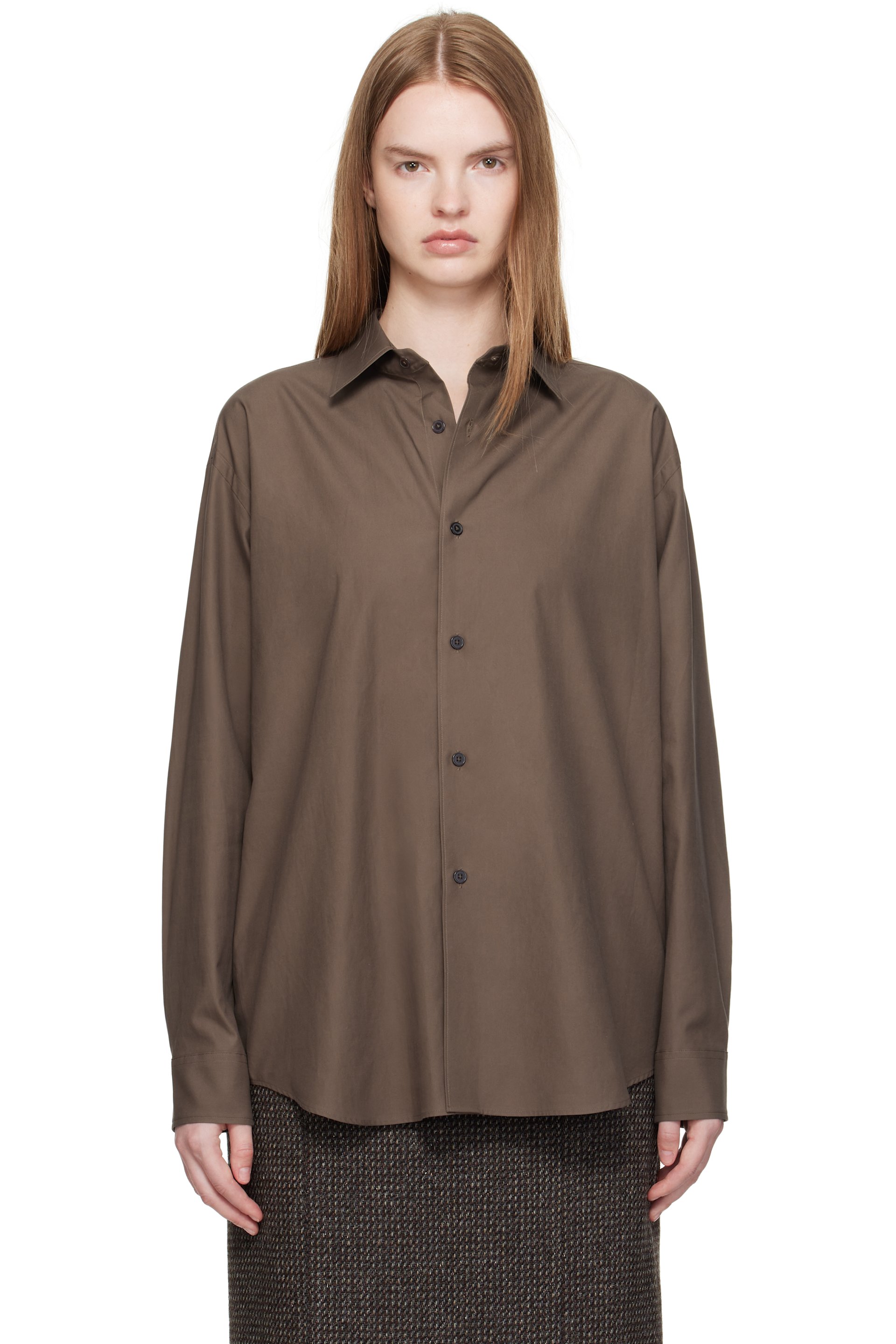 AURALEE - Chemise brune en sergé de coton Finx lavé