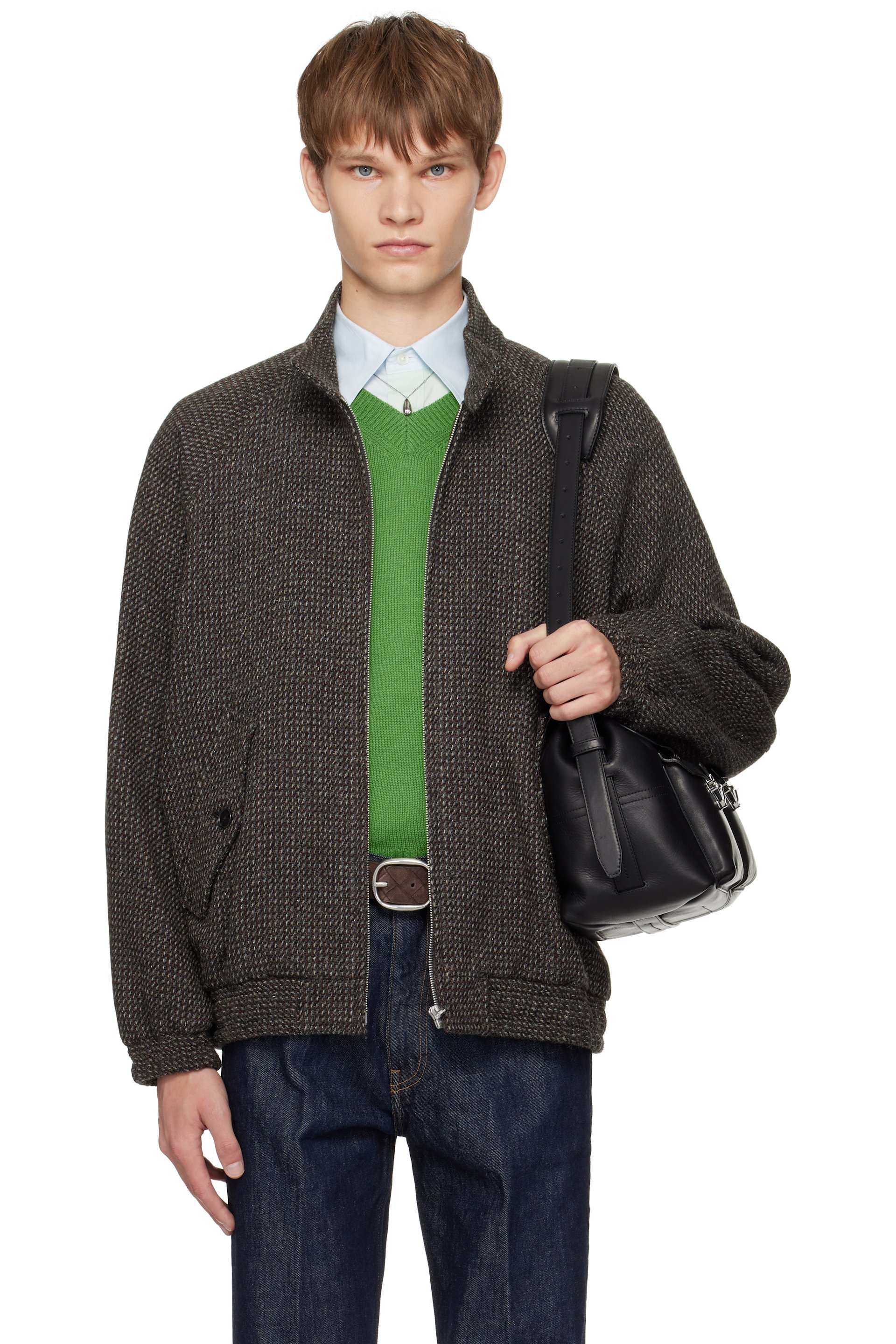AURALEE - Brown & Gray Alpaca Wool Silk Tweed Zip Blouson Jacket