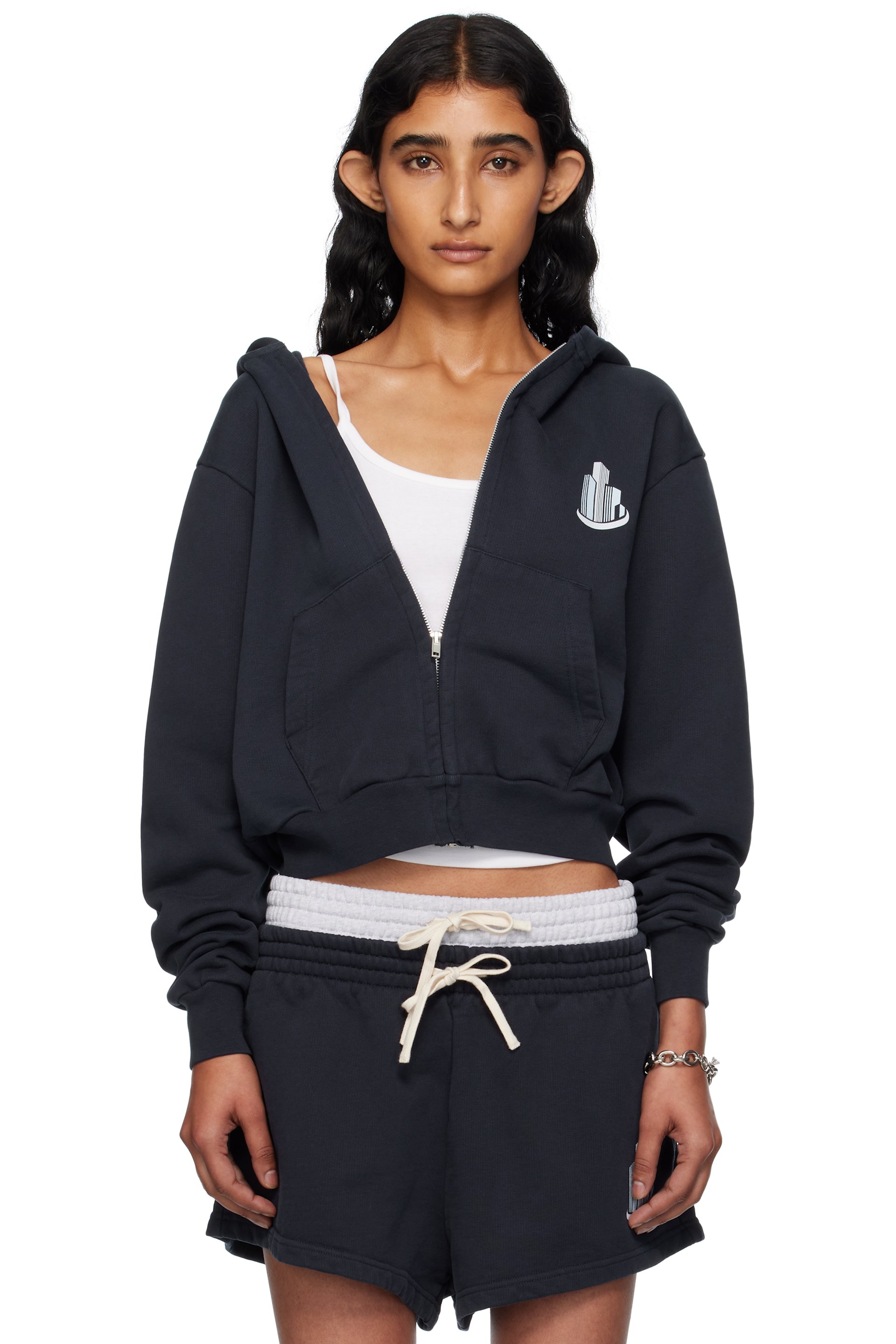 ABRA - Pull à capuche bleu marine à image de bâtiment exclusif à SSENSE