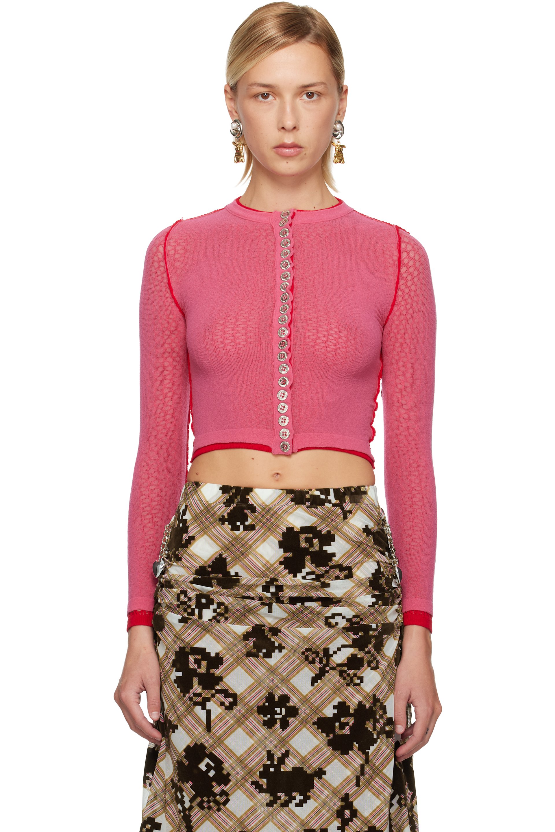 Chopova Lowena - Cardigan rose en tricot à mailles ouvertes