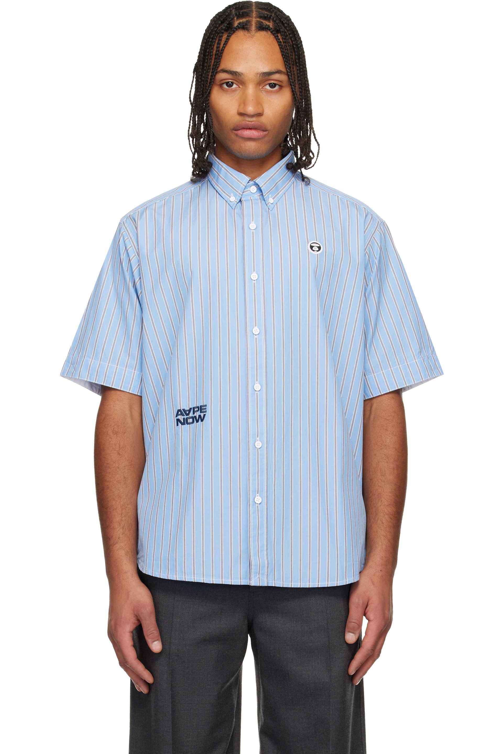 AAPE by A Bathing Ape - Chemise bleue à logos AAPENOW et Moonface et à rayures