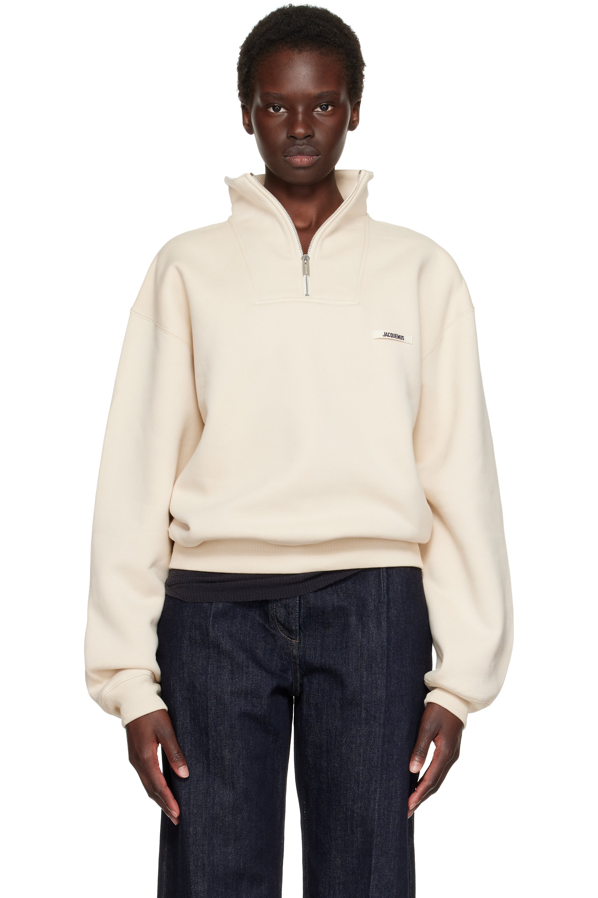 JACQUEMUS - Pull molletonné beige à demi-glissière et à écusson en gros-grain