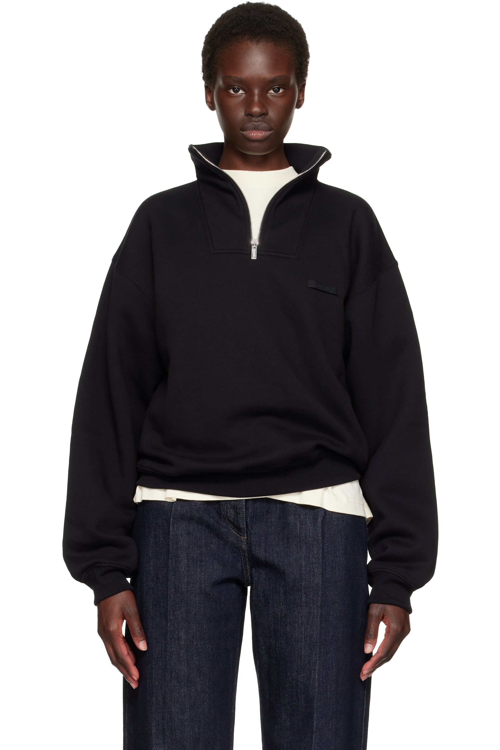 JACQUEMUS - Pull molletonné noir à demi-glissière et à écusson en gros-grain