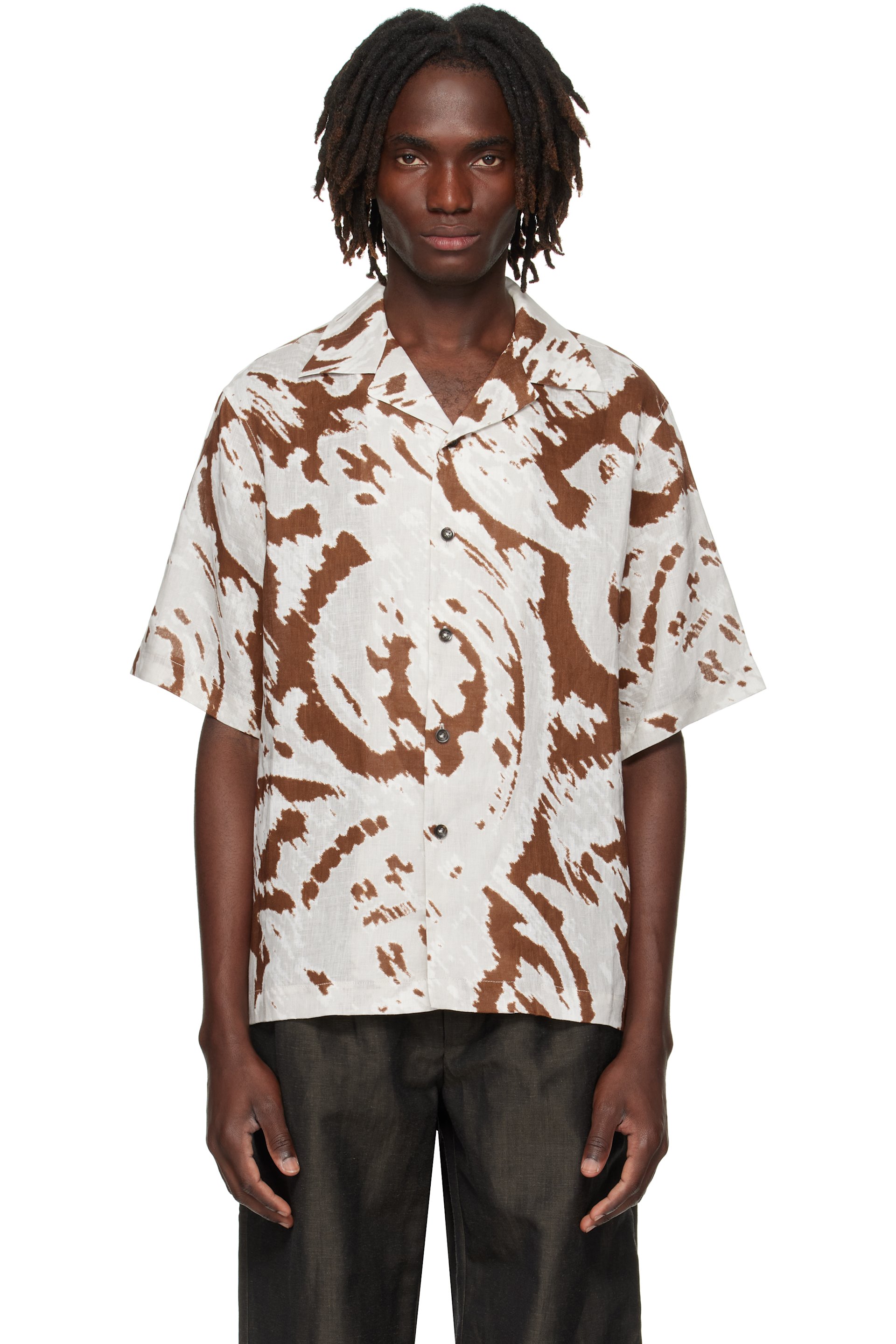 COMMAS - Gray & Brown Paisley Linen Camp Collar Shirt