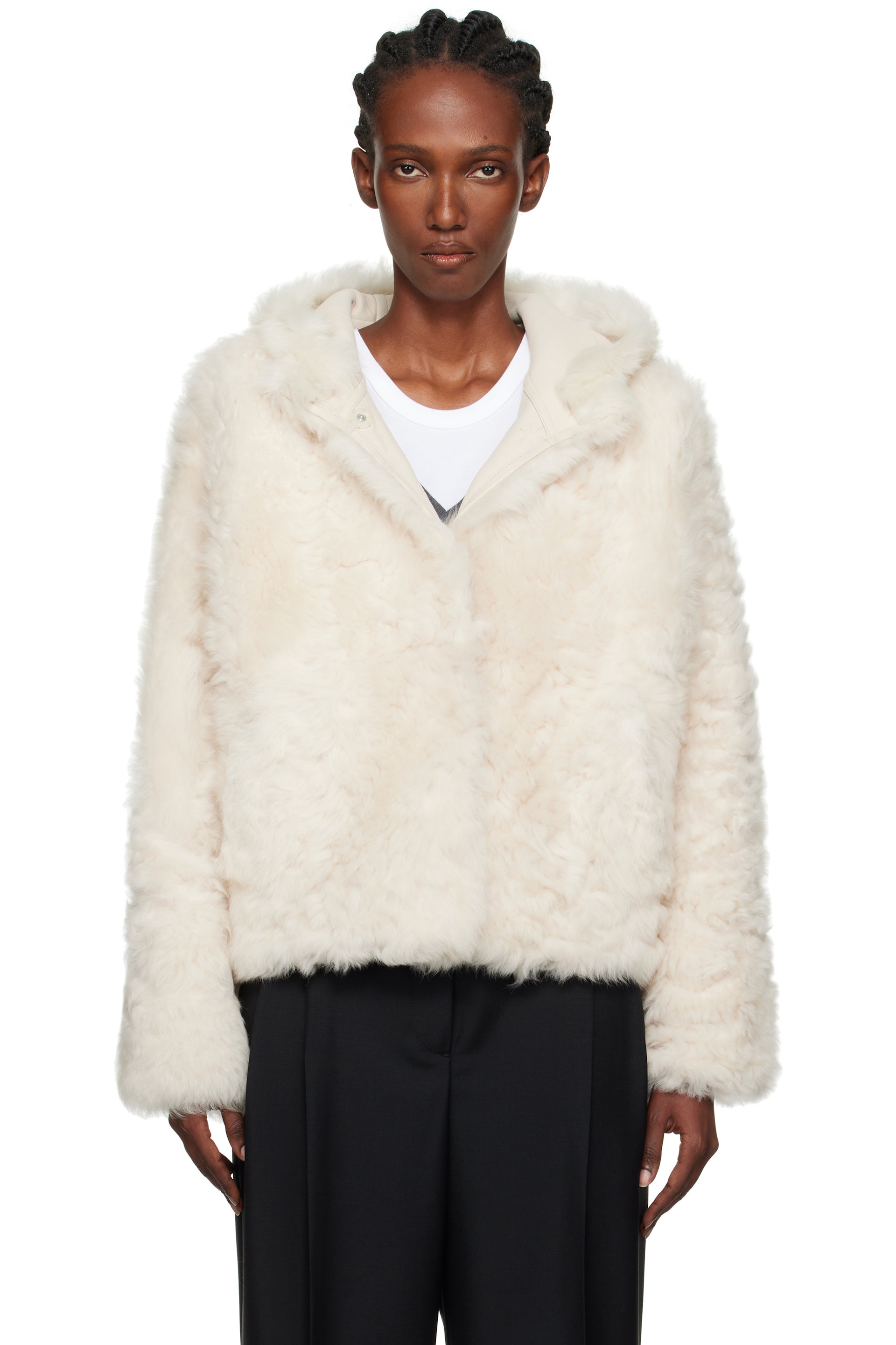 Yves Salomon - Off-White Short Hooded Shearling Jacket