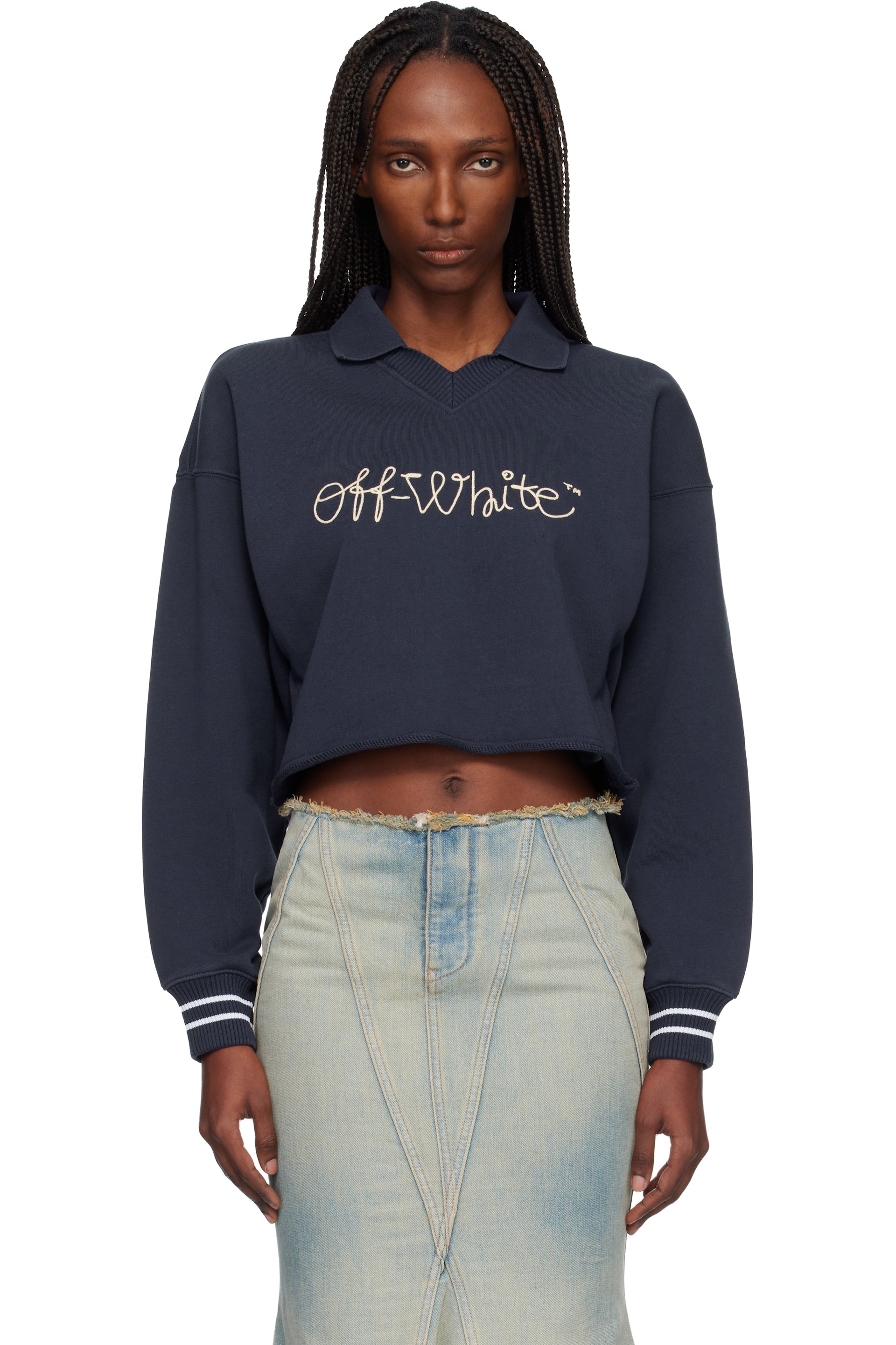 Off-White - Pull de style polo bleu marine à logo Script brodé