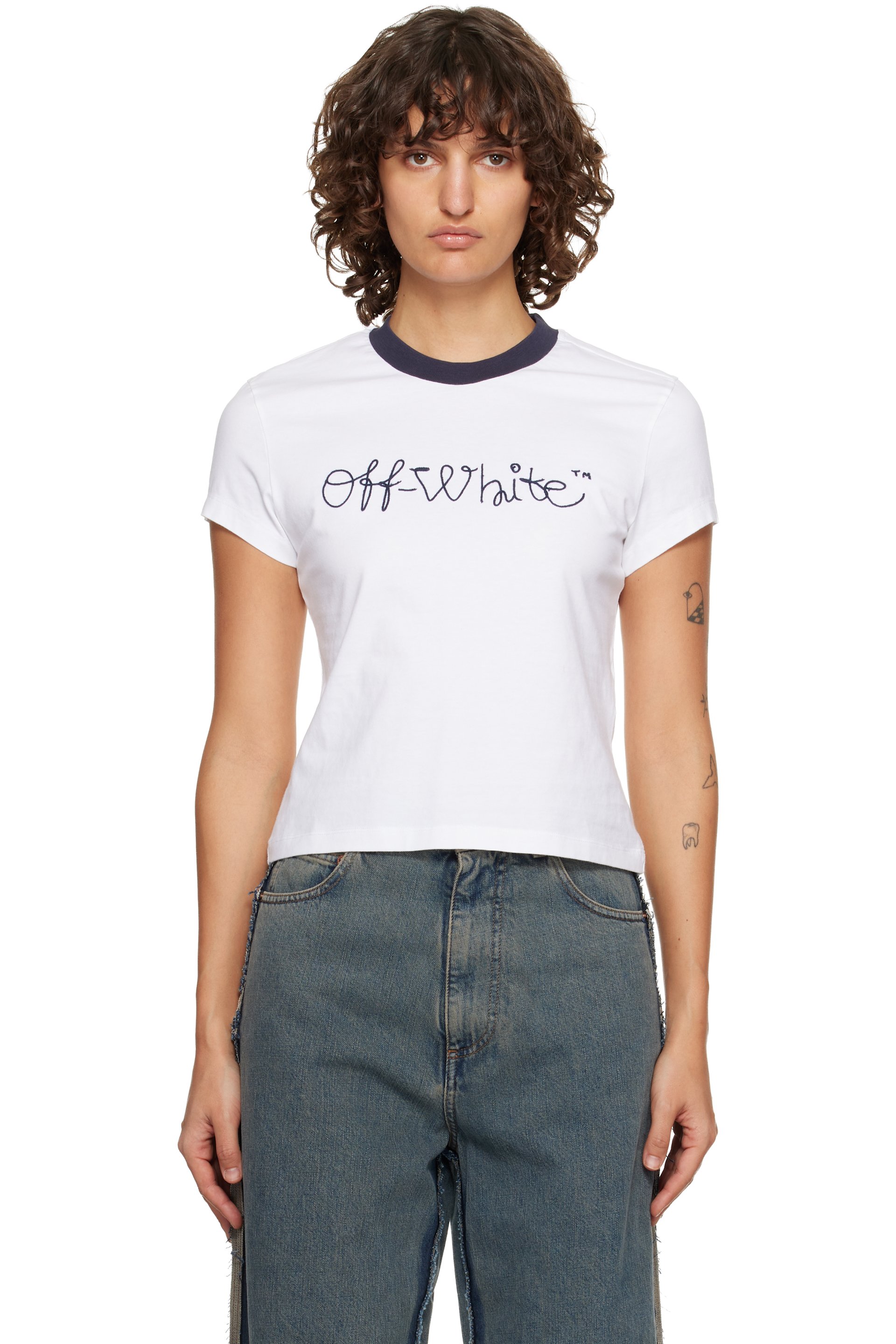 Off-White - T-shirt ajusté blanc à logo brodé