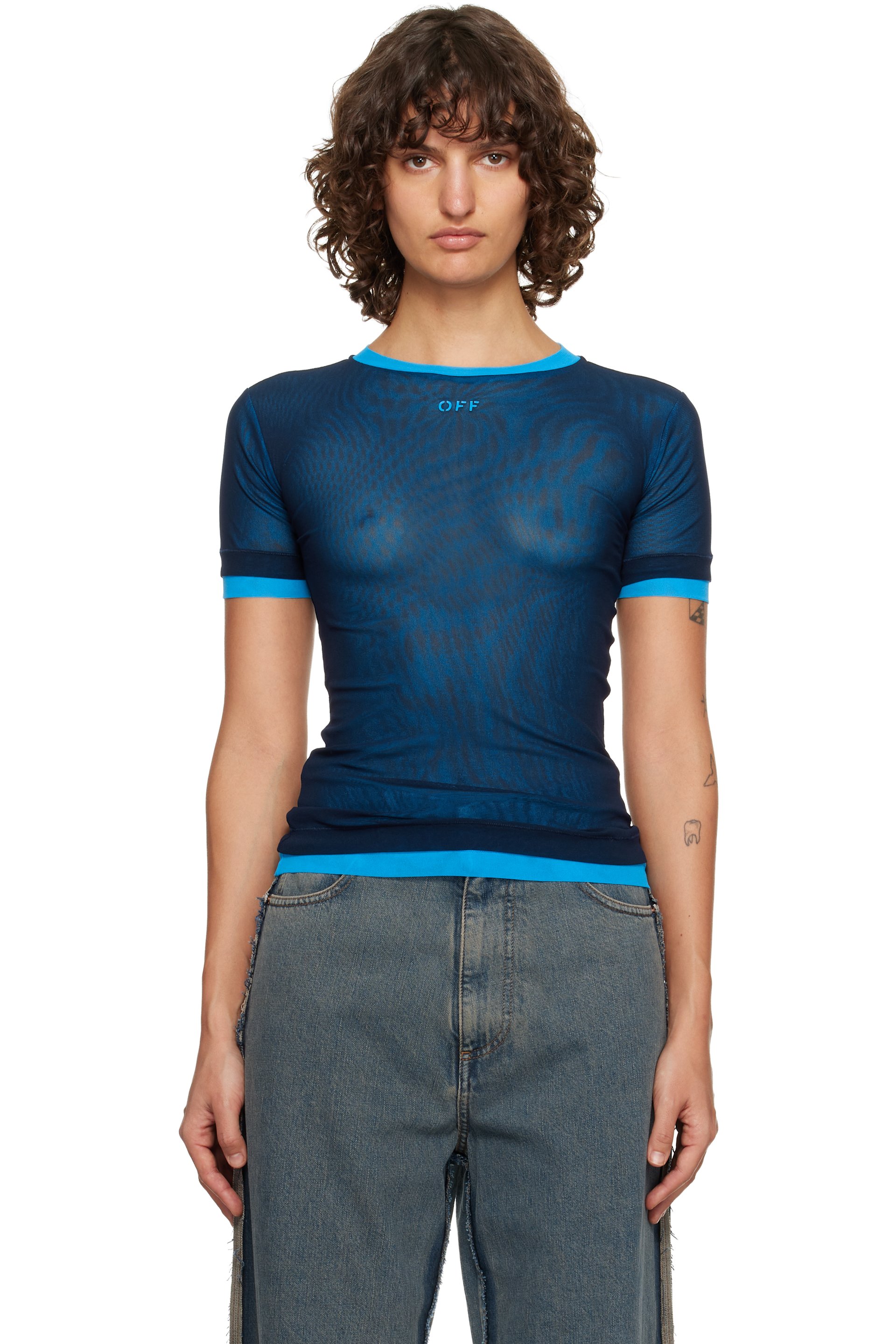 Off-White - T-shirt étagé bleu marine et bleu en filet à col ras du cou