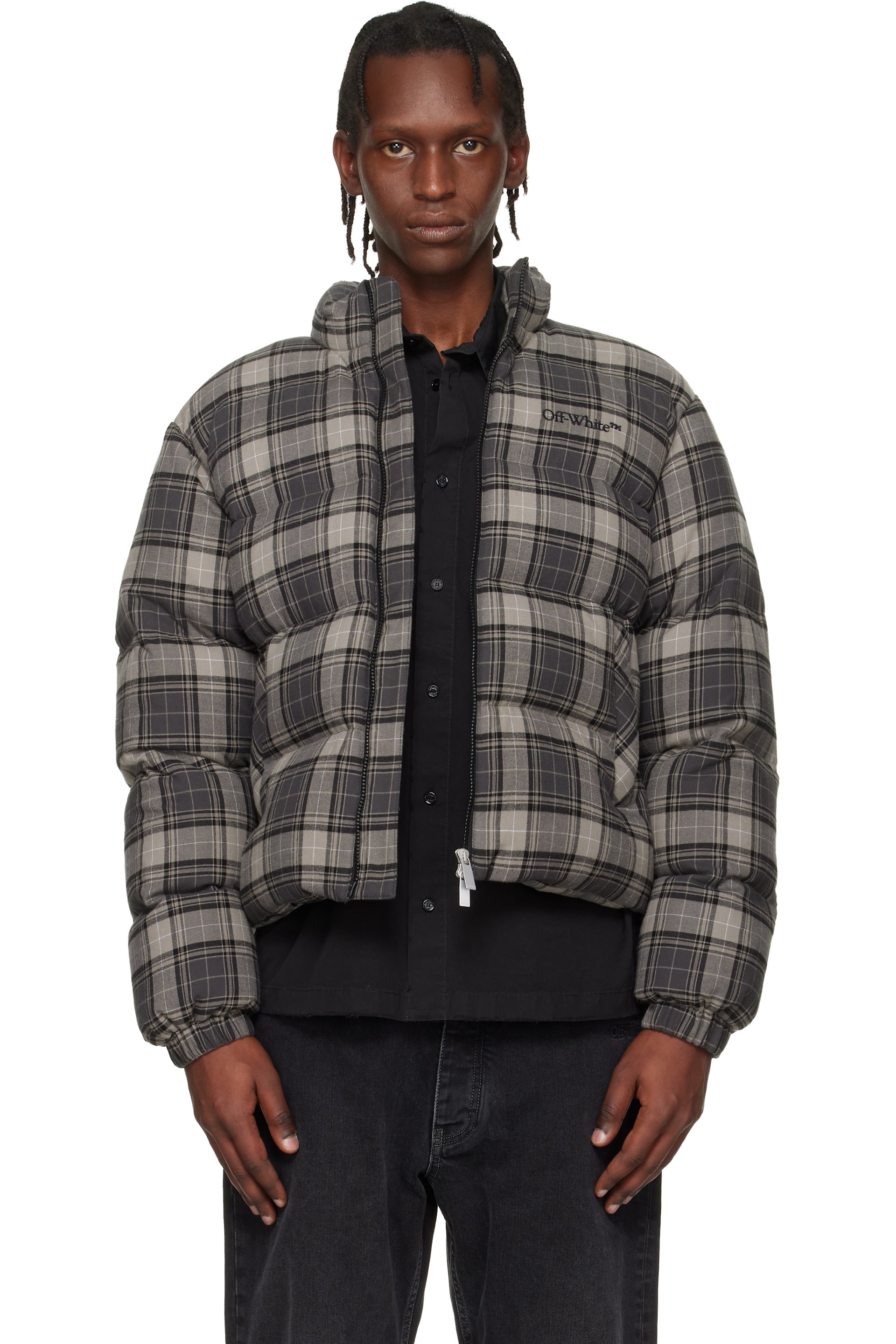 Off-White - Gray Spray Arrow Check Flannel Down Jacket