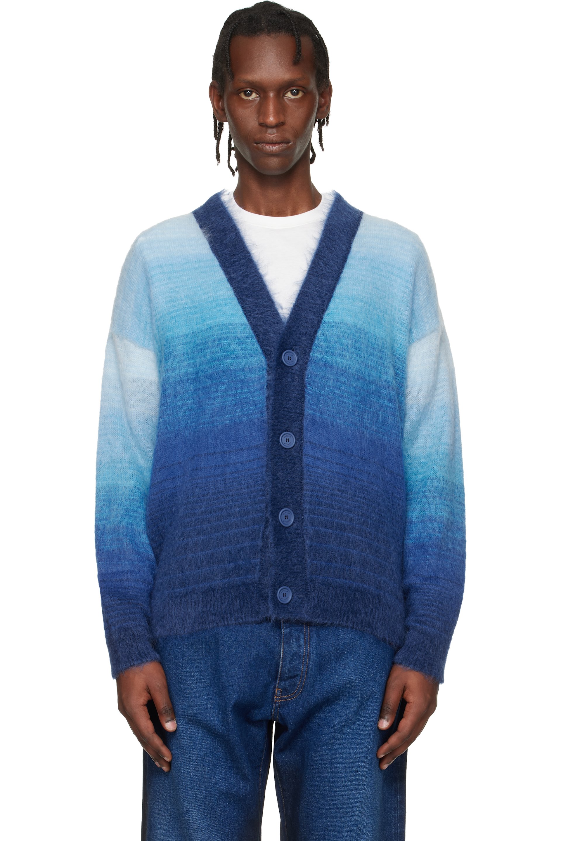Off-White: Navy Mohair Arrow Gradient Knit Cardigan | SSENSE
