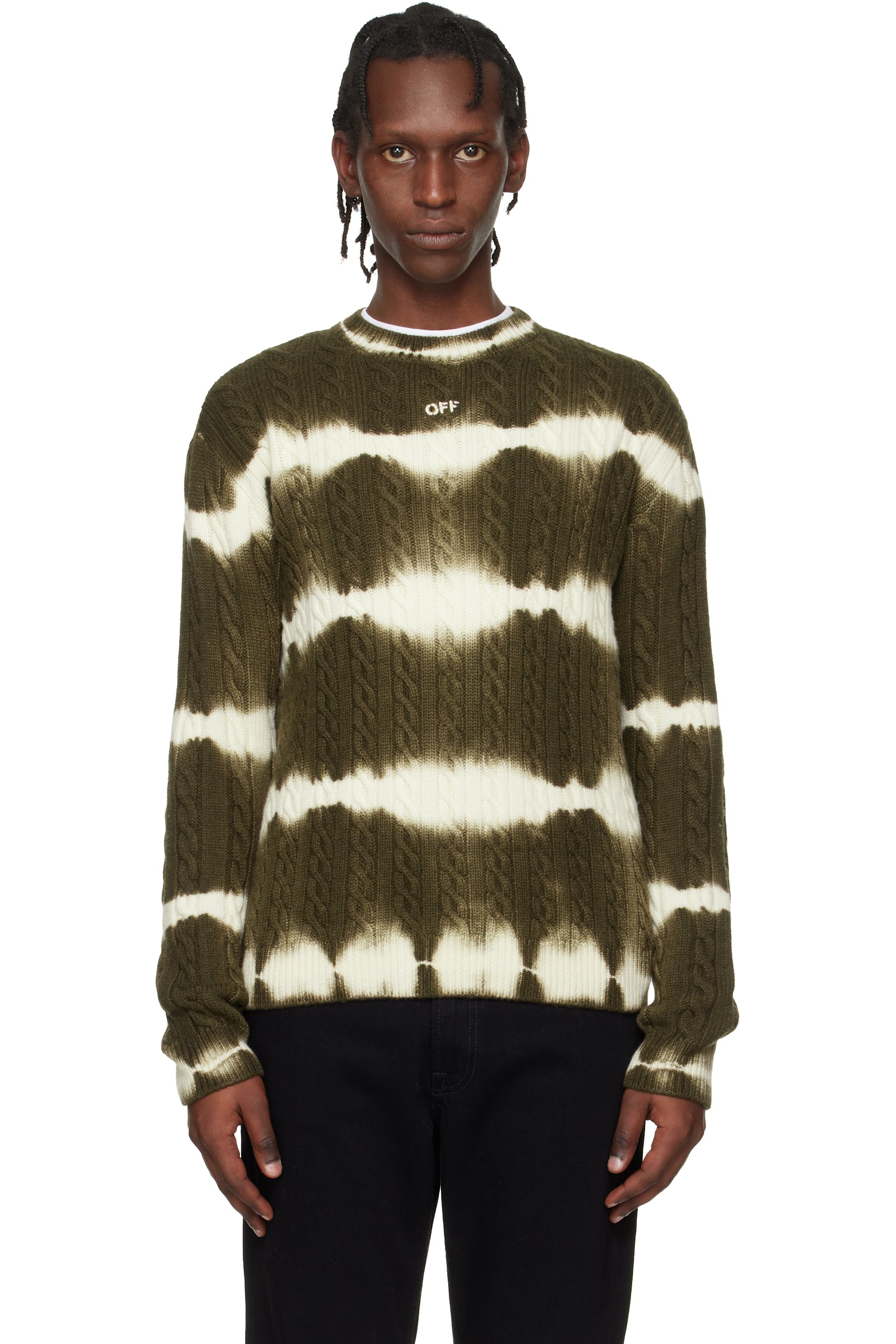 Off-White - Khaki & White Off Stamp Cable Knit Crewneck Sweater