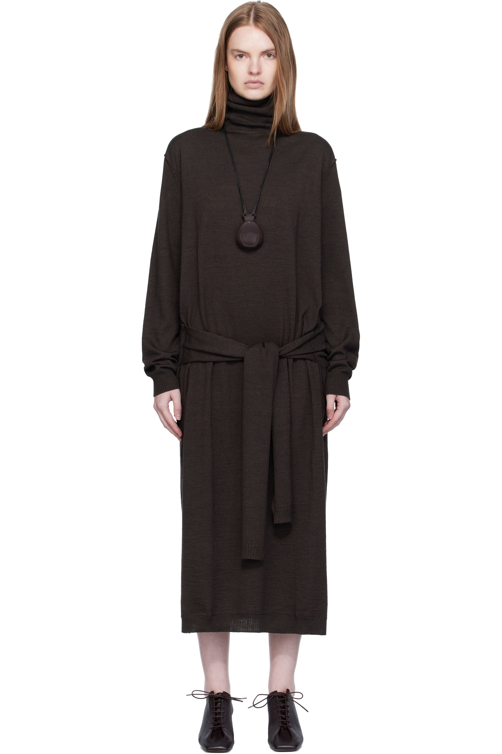 LEMAIRE - Robe midi brune à panneaux trompe l'œil