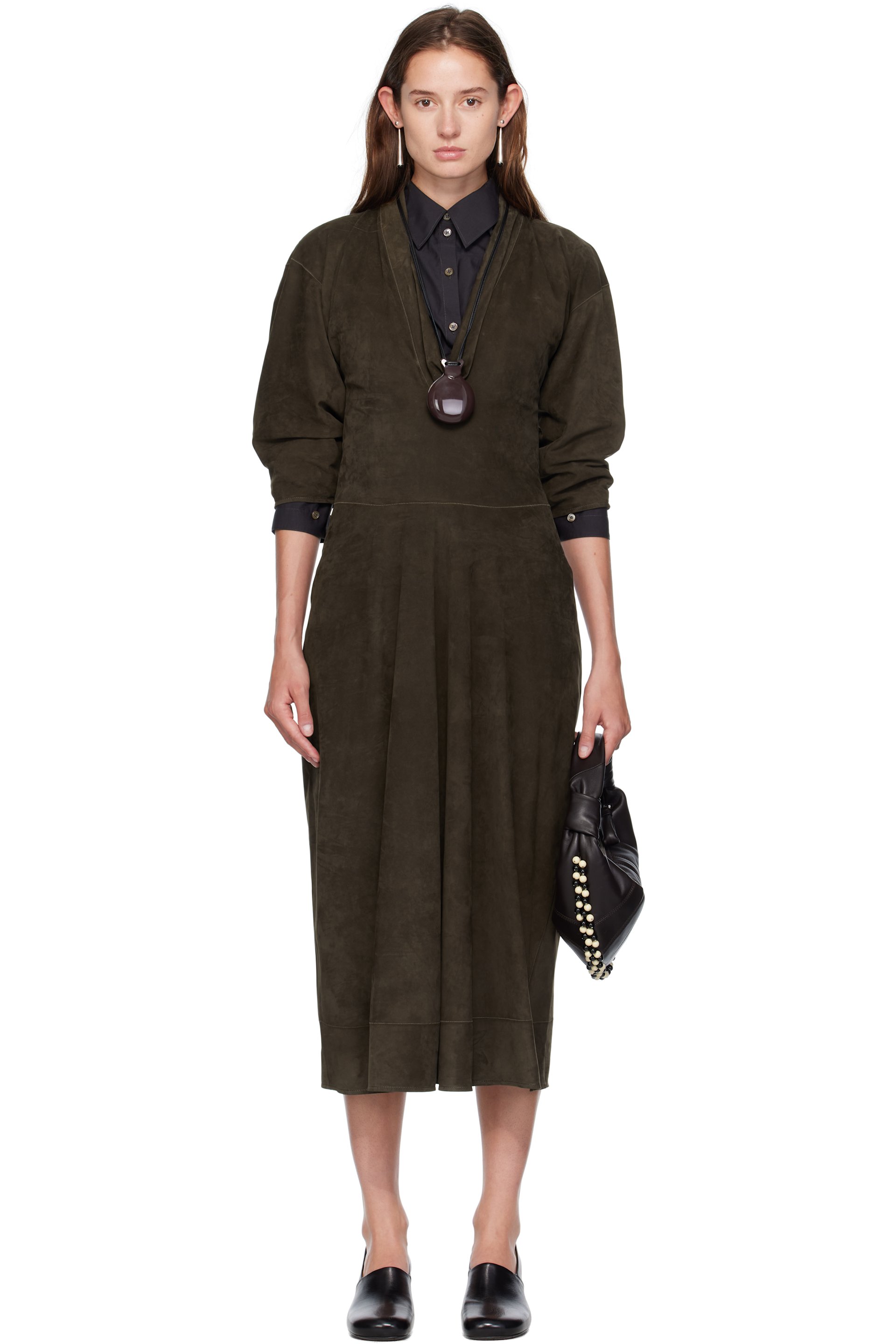 LEMAIRE - Robe midi kaki en nubuck à col en V